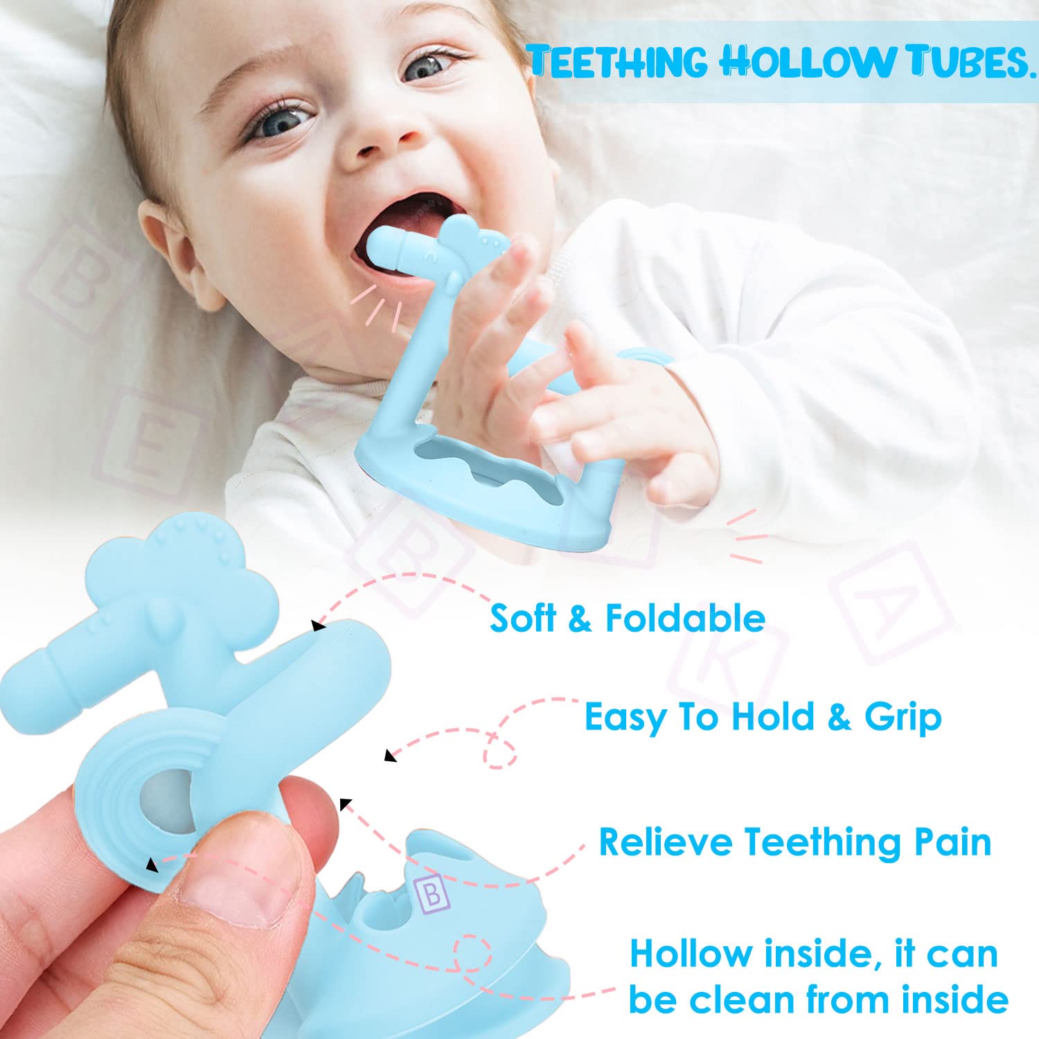 Bembika Baby Teether Toys Set - Silicone Pony, Keys & Toothbrush for Soothing Sore Gums (Blue) | Safe Chew Toys for Infants & Toddlers | Perfect for Teething Relief, Sensory Play & Early Oral Care