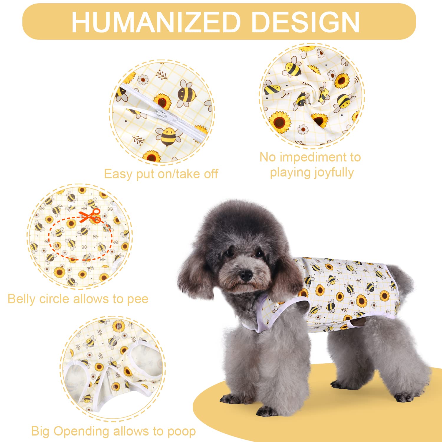 Female Dog Spay Recovery Suit - Post-Surgery Onesie for Small & Medium Dogs - Soft & Breathable Surgical Healing Garment - Perfect for Neutering, C-Section & Wound Protection (Bee/Large) - Keep Your Pet Comfortable During Recovery