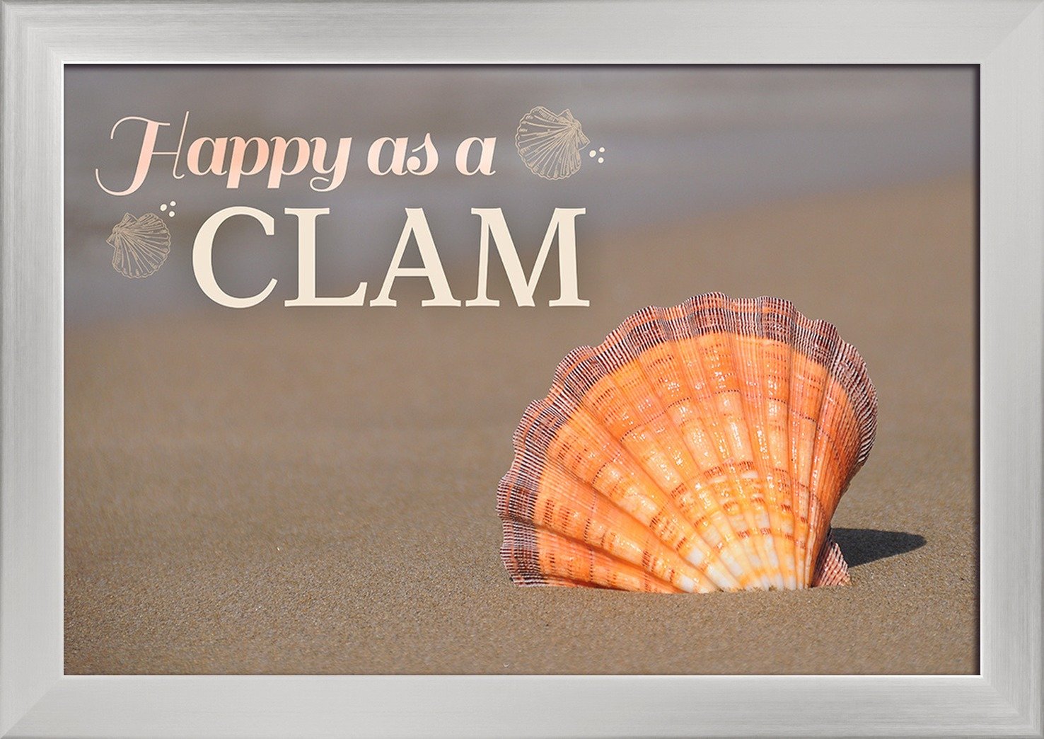 Seashell in Sand, Happy as a Clam - 12x18 Inch Giclee Fine Art Print with Recycled Wood Frame in Silver | Coastal Beach Decor, Wall Art for Living Room, Bedroom & Office