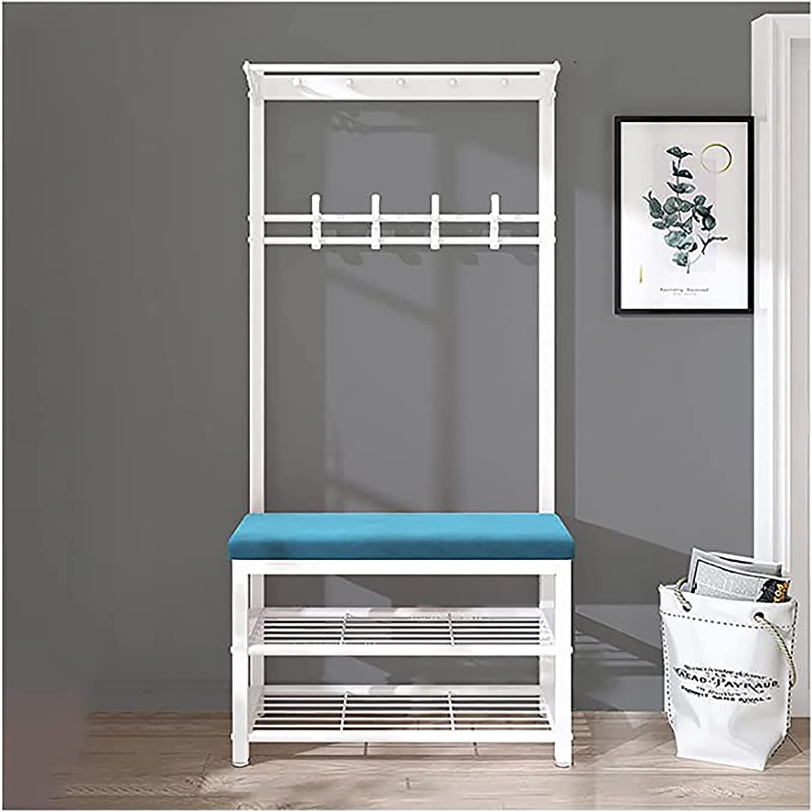 **Y&A 3-in-1 Entryway Bench with Coat Rack & Shoe Storage – Velvet Cushion, 31 Inch – Perfect for Hallway, Mudroom, or Bedroom Organization (Easy Blue)**