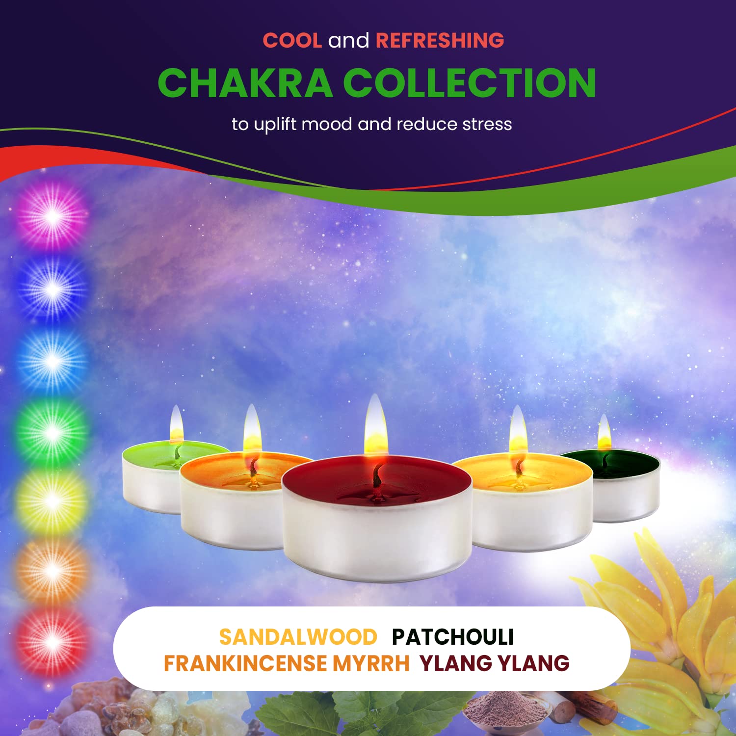 Chakra Tealight Candles Set of 64 - Scented Meditation Candles for Yoga & Relaxation