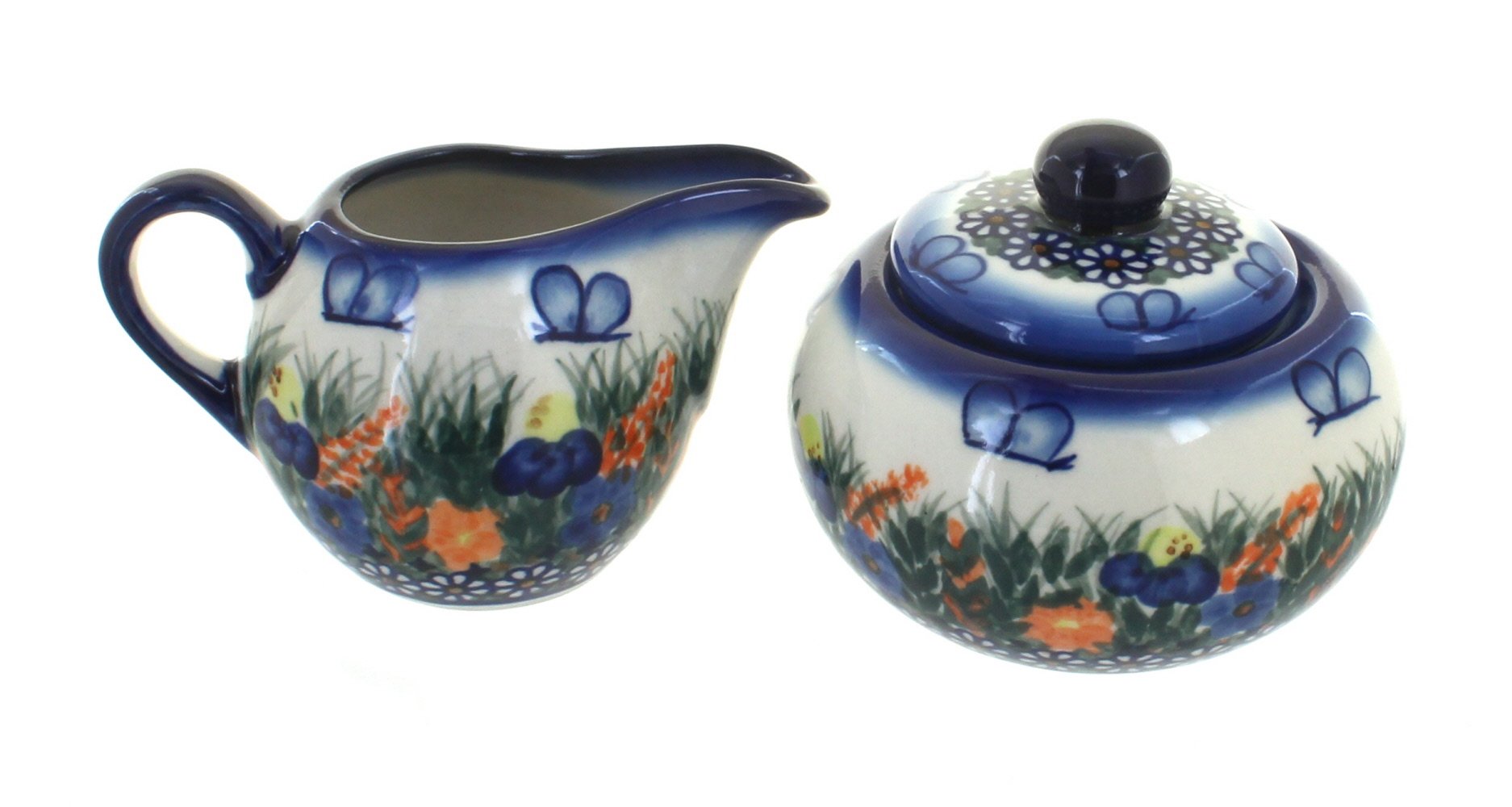 Handmade Blue Rose Polish Pottery Sugar Bowl and Creamer Set with Spring Butterfly Design - Perfect for Tea Time, Coffee Service, and Elegant Table Decor