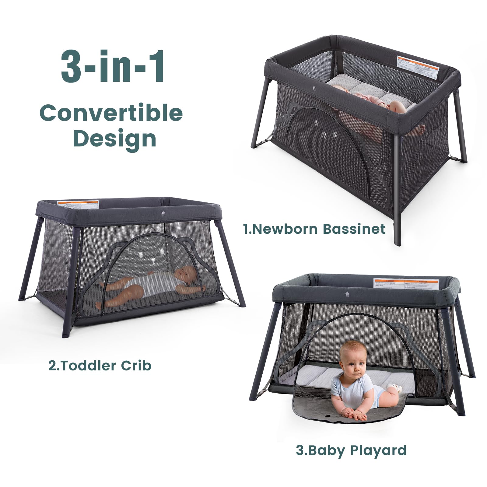 3-in-1 Portable Travel Crib for Babies & Toddlers - Lightweight Foldable Playpen with Comfortable Mattress & Carry Bag (Dark Grey) - Perfect for Home, Travel, Camping & Grandparents' House
