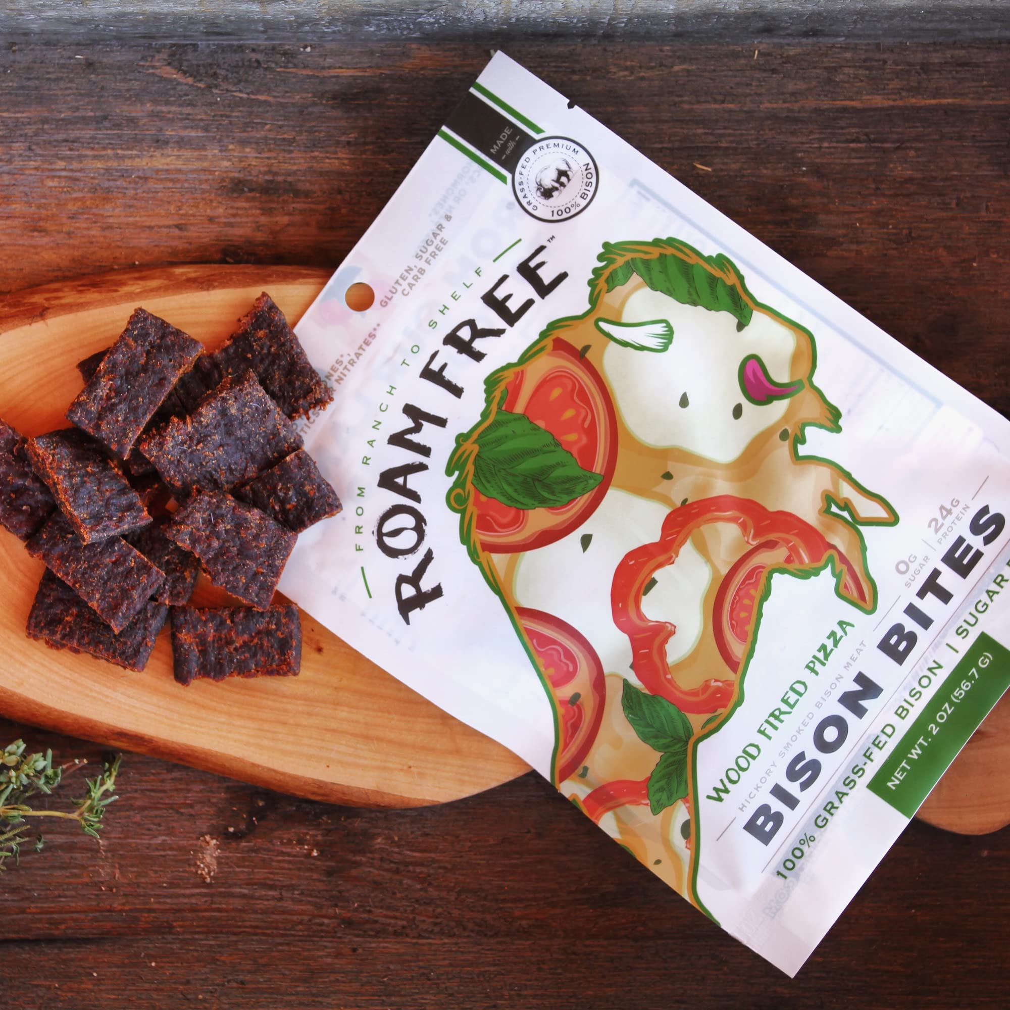 Premium Roam Free Bison Jerky Bites - 100% Grass Fed, High Protein, Sugar Free, Gluten Free | Keto & Paleo Friendly Meat Snack | Perfect for Hiking, Camping & Outdoor Adventures | Wood Fire Pizza Flavor (Pack of 10) - Ideal Gift for Men & Health-Conscious Snackers