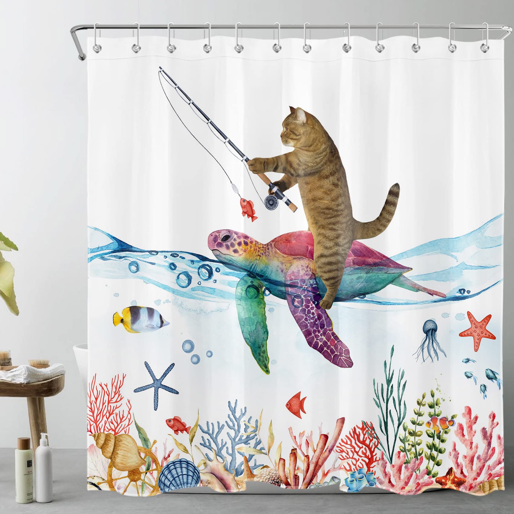 Funny Sea Turtle & Cute Cat Shower Curtain - Coral & Marine Life Ocean Print Polyester Bathroom Decor with Hooks, 72x72 Inches - Perfect for Kids' Bathrooms & Beach-Themed Home Decor