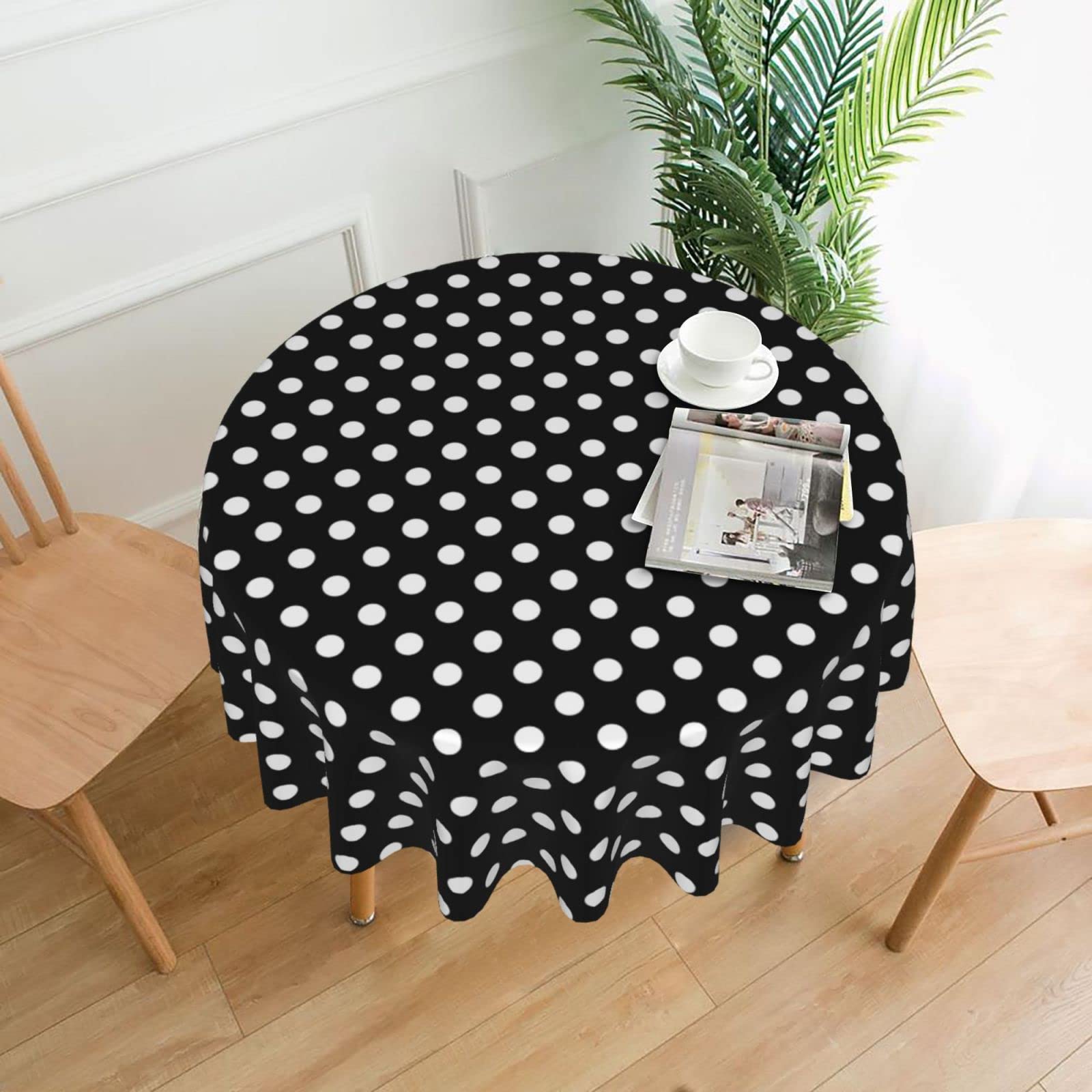 White Polka Dot Round Tablecloth - Reusable & Washable Fits 20'' to 47'' Tables - Black Background Table Cover for Indoor & Outdoor Use - Perfect for Patio Dining, Picnics, Parties & Home Decor