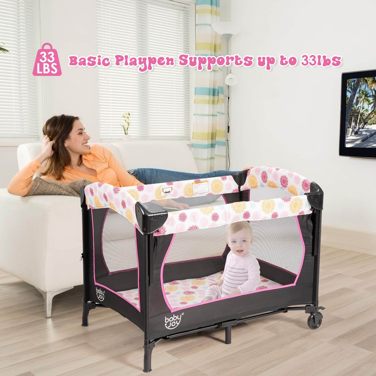 BABY JOY 4-in-1 Portable Playard with Bassinet & Changing Table - Adjustable Height Baby Bedside Sleeper with Music Box - Easy Fold & Carry for Newborn to Toddler - Perfect for Nursery, Travel & Co-Sleeping (Rose)