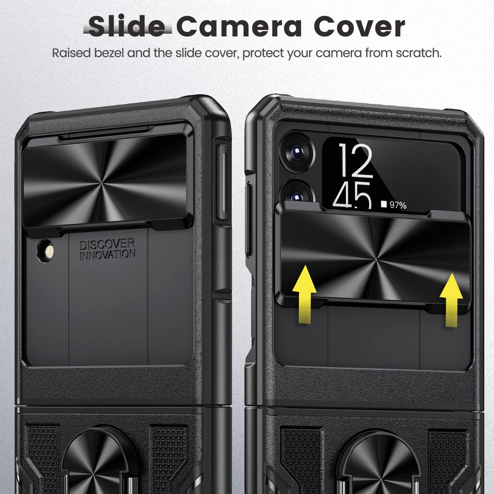 Caka Galaxy Z Flip 3 Case with Hinge Protection, Camera Cover & Kickstand - 360° Rotating Ring Stand (Black) | Shockproof Protective Cover for Samsung Z Flip 3 | Perfect for Work, Travel & Everyday Use