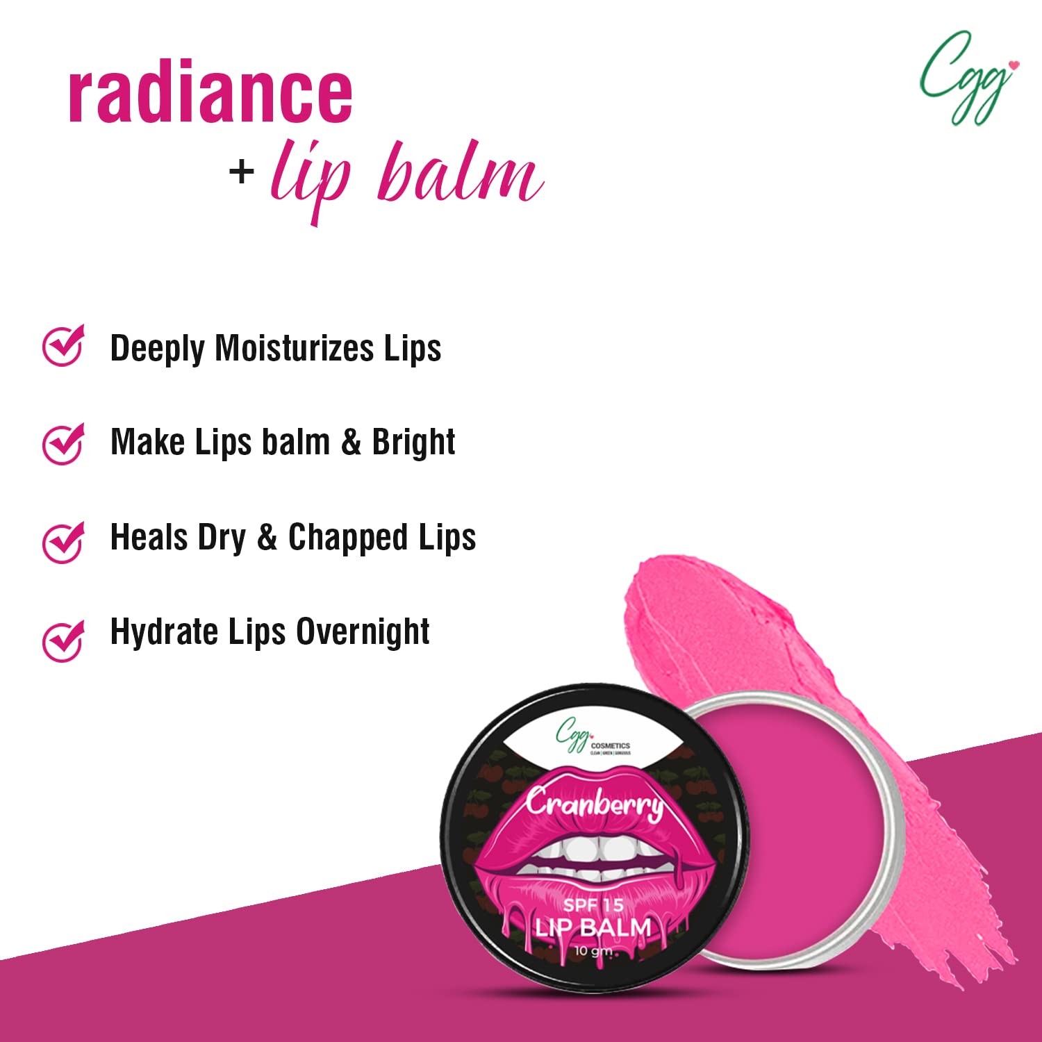 CGG Cosmetics Cranberry Lip Balm with SPF 15 - Moisturizing & Nourishing for Soft Pink Lips | Vitamin C+E Formula | Lightens Dark Lips & Reduces Pigmentation | 10g Tinted Lip Care | Perfect for Daily Sun Protection & Natural Lip Enhancement