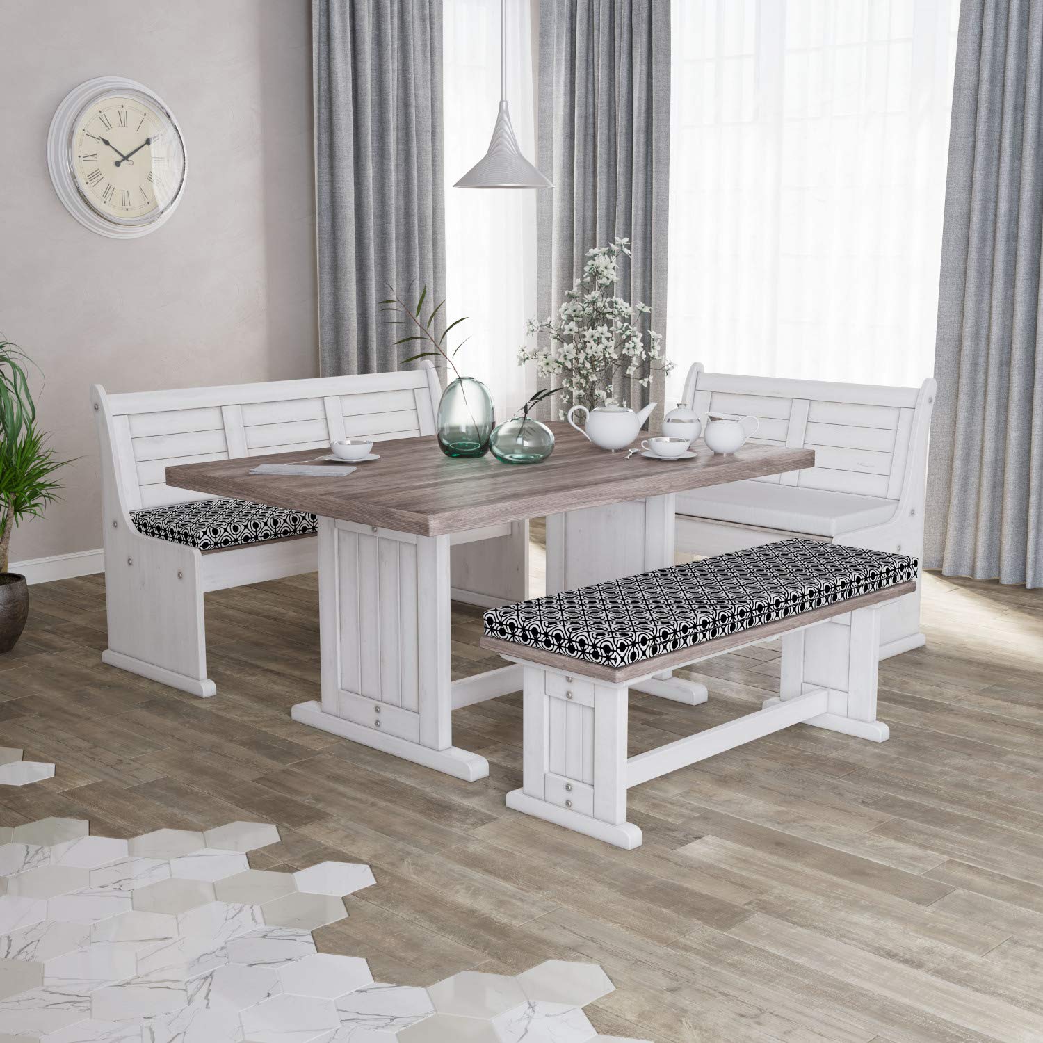 Ambesonne 2-Piece Geometric Bench Cushion Set - Black & White Retro Diamond Pattern Foam Seat Pads (45