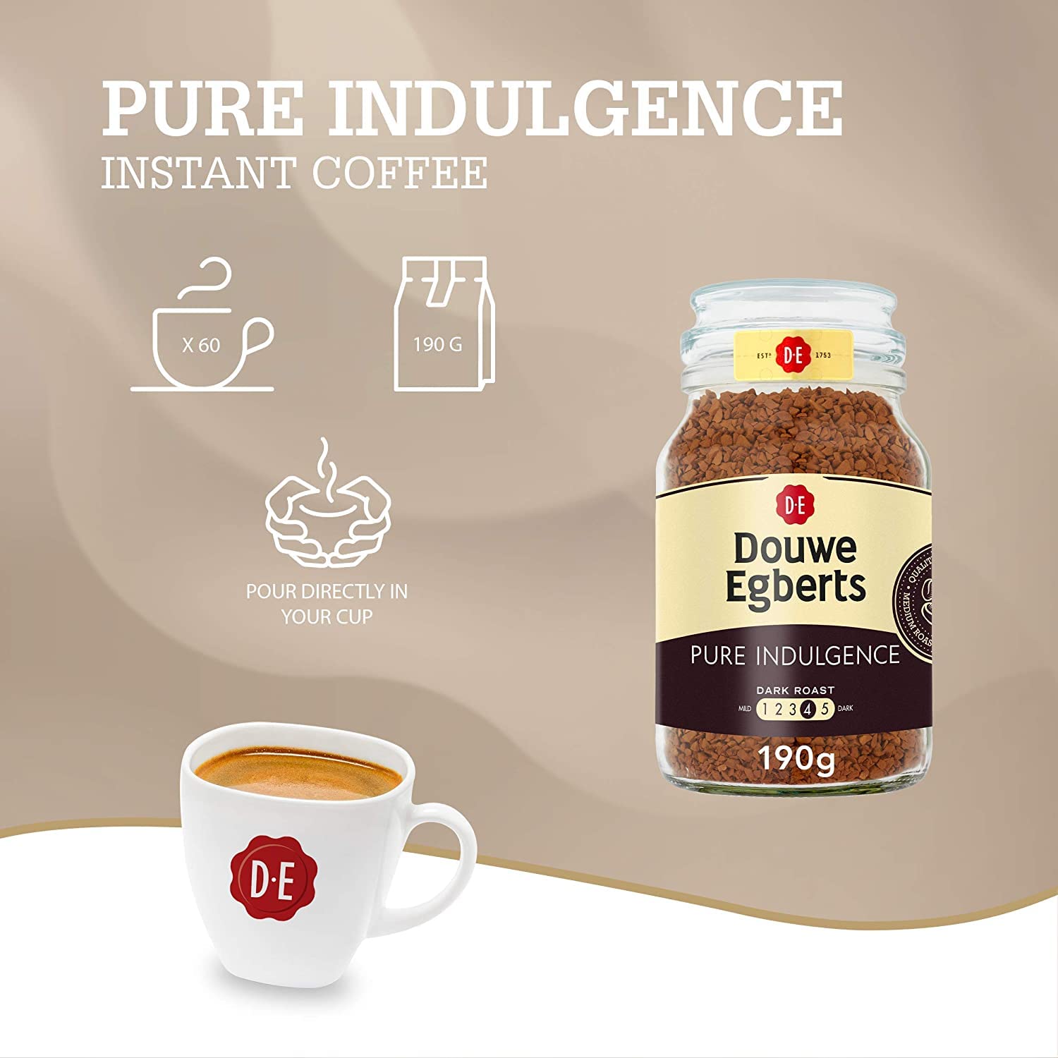 Douwe Egberts Pure Indulgence Instant Coffee 190g (6-Pack) - Rich & Smooth Premium Instant Coffee for Office, Travel & Home Brewing