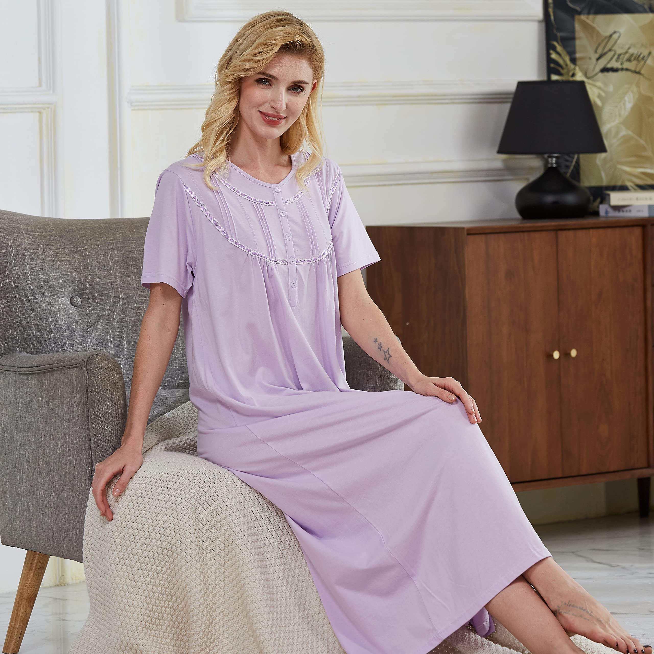 Keyocean Women's Soft 100% Cotton Lightweight Short Sleeve Nightgown - Comfortable Sleepwear for Summer & Lounge Wear at Home