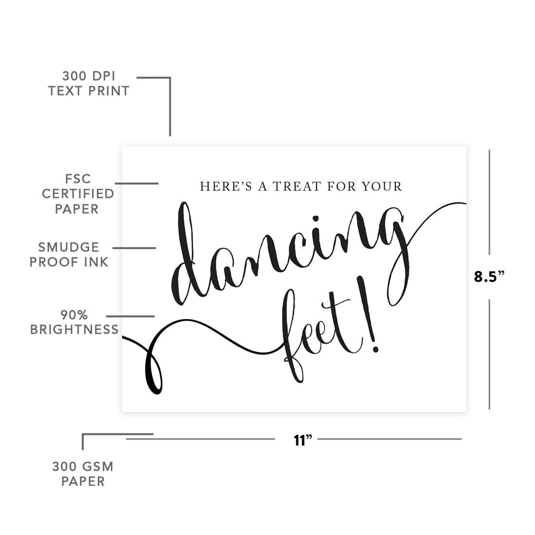 Elegant Black and White Wedding Party Sign - 8.5x11 Inch 'Here's a Treat for Your Dancing Feet' Flip Flop & High Heel Shoe Design - Perfect for Wedding Receptions, Bridal Showers & Dance Floor Decor (1-Pack)