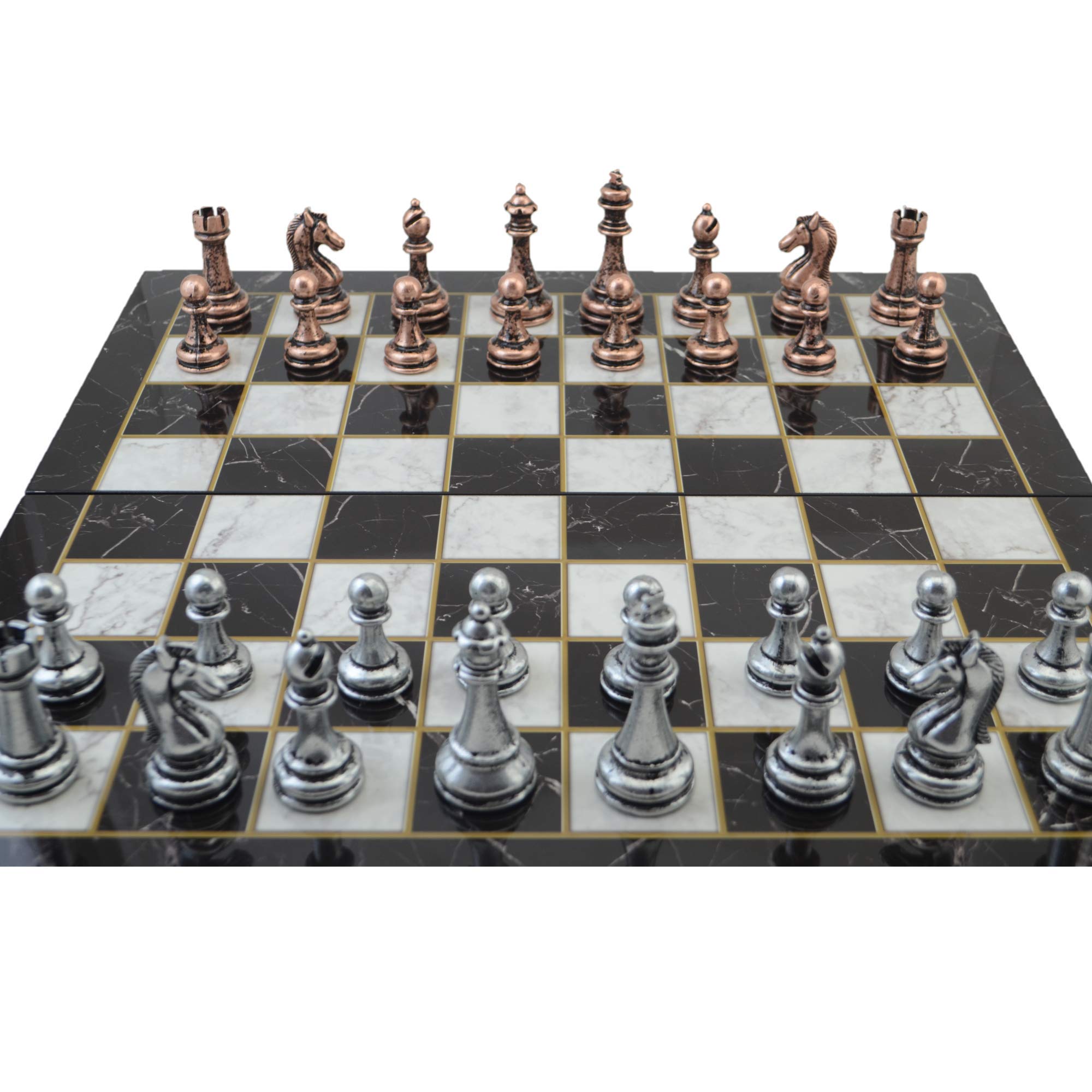 Handmade Classic Antique Copper Chess Set for Adults with Marble Design Wooden Board - 2.96 Inch King - Perfect for Home Decor, Game Nights & Collector's Display