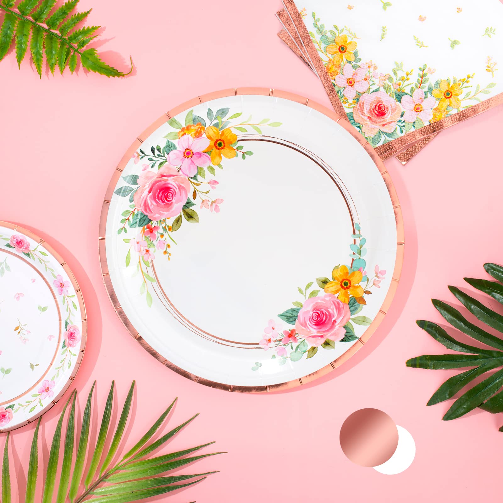 Floral Paper Plates and Napkins Set - Pink Flower Disposable Dinnerware for 24 Guests | Perfect for Bridal Showers, Birthday Parties & Garden Tea Parties | Elegant & Eco-Friendly Party Supplies