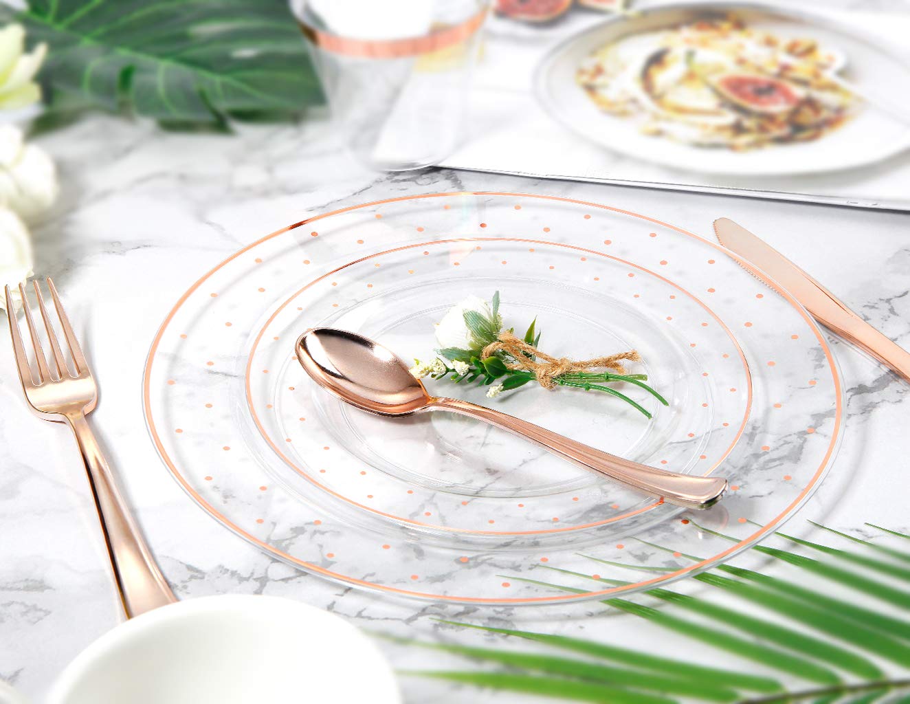 25-Piece Rose Gold Plastic Dinnerware Set - Disposable Plates, Silverware & 9oz Cups for Parties, Picnics, BBQs - Includes 25 Dinner Plates, Salad Plates, Forks, Knives, Spoons & Cups