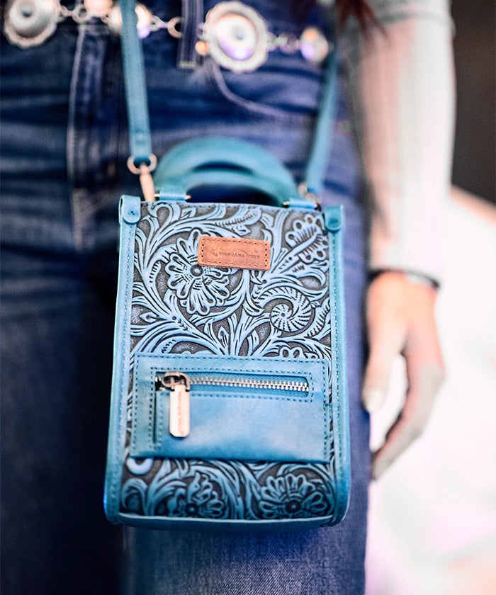 Montana West Genuine Leather Tooled Mini Crossbody Purse for Women - Stylish & Compact Handbag for Daily Use, Travel, and Casual Outings