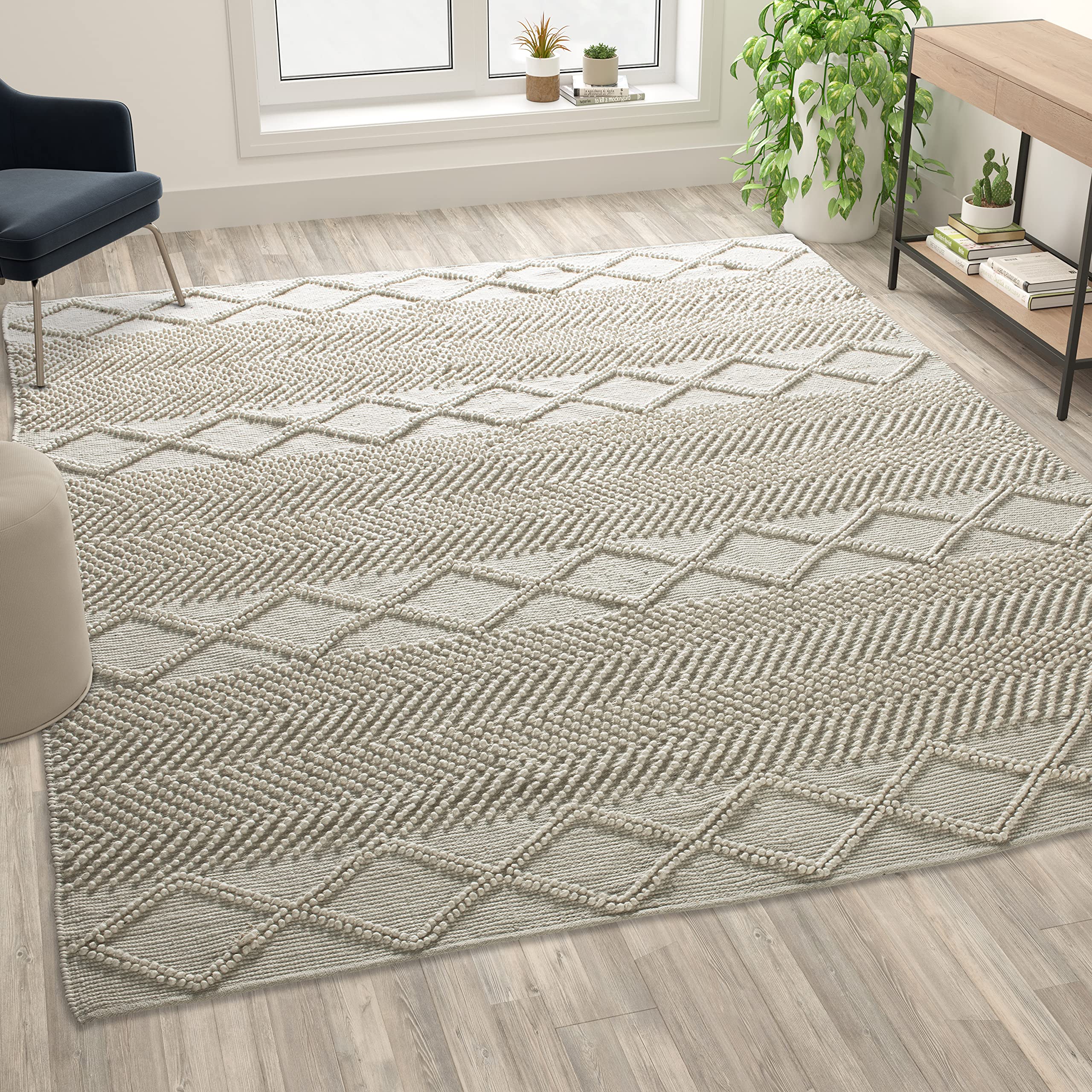 EMMA + OLIVER 8' x 10' Handwoven Geometric Area Rug - Triple Blend White & Ivory - Perfect for Living Room, Bedroom or Office Decor