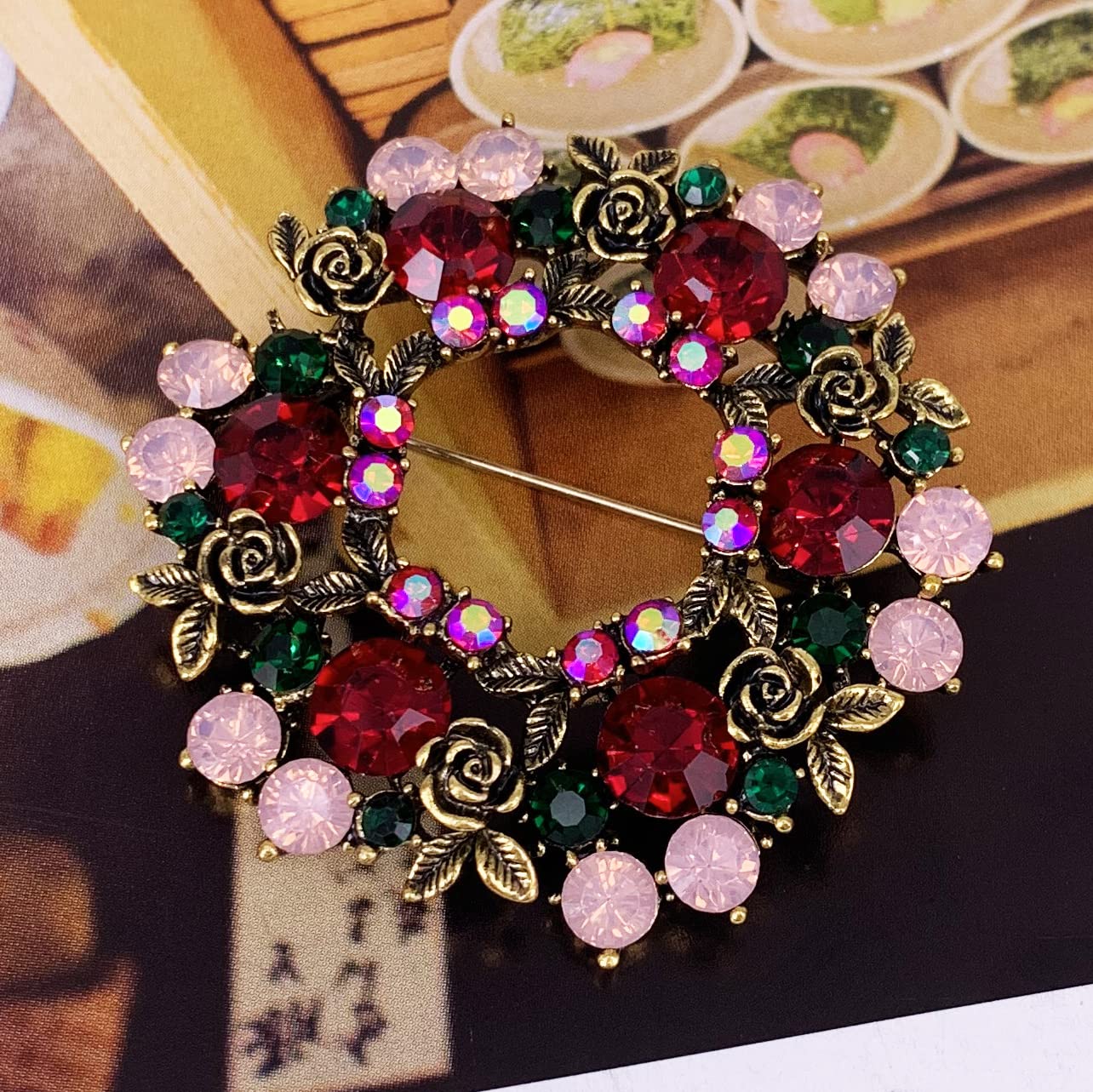 SELOVO Red Rose Flower Brooch Pin with Rhinestones - Elegant Vintage Lover's Jewelry for Women - Perfect for Weddings, Parties, and Special Occasions