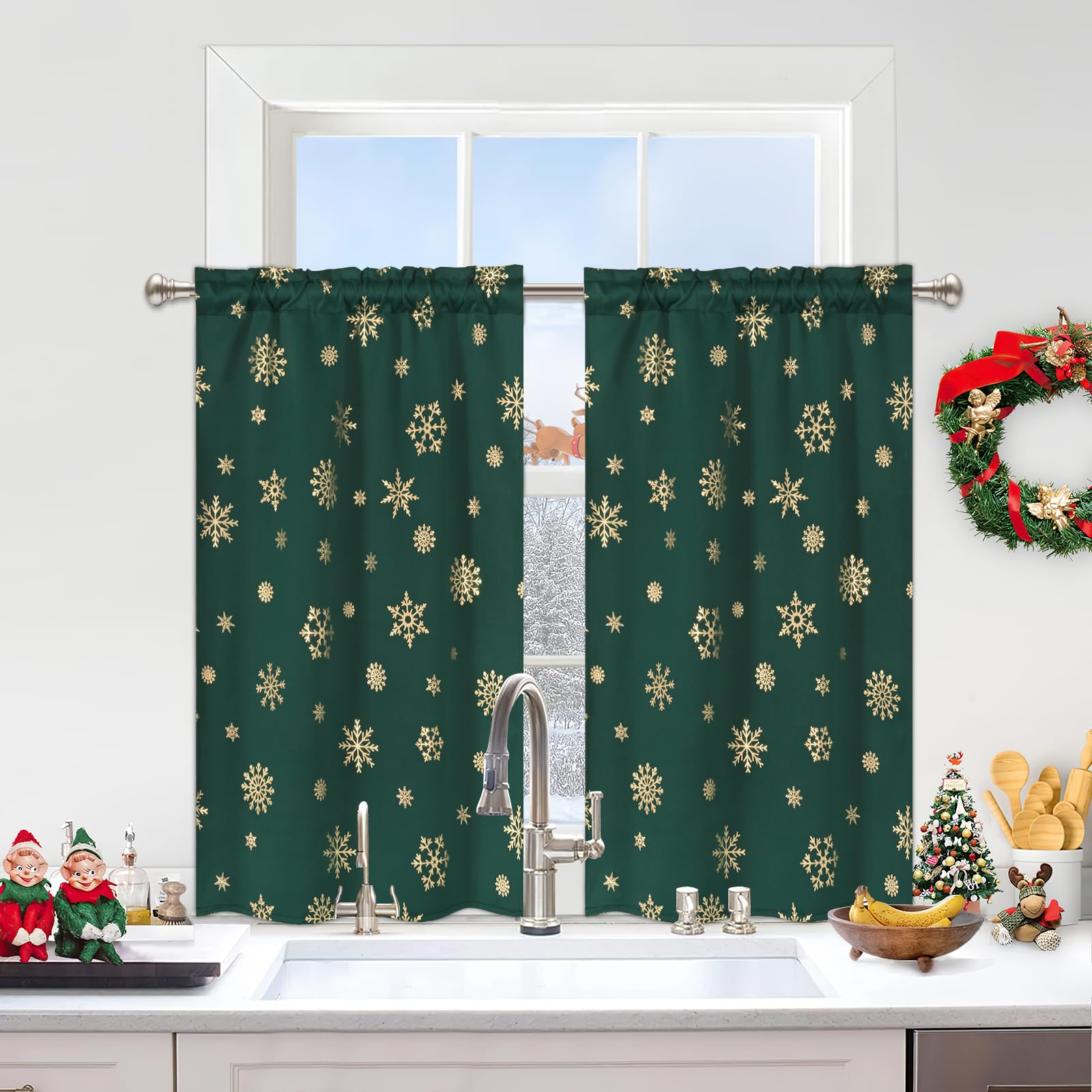 FRAMICS Gold Snowflake Foil Print Christmas Tier Curtains - 36 Inch Length Green Kitchen Curtains with Rod Pocket, 26