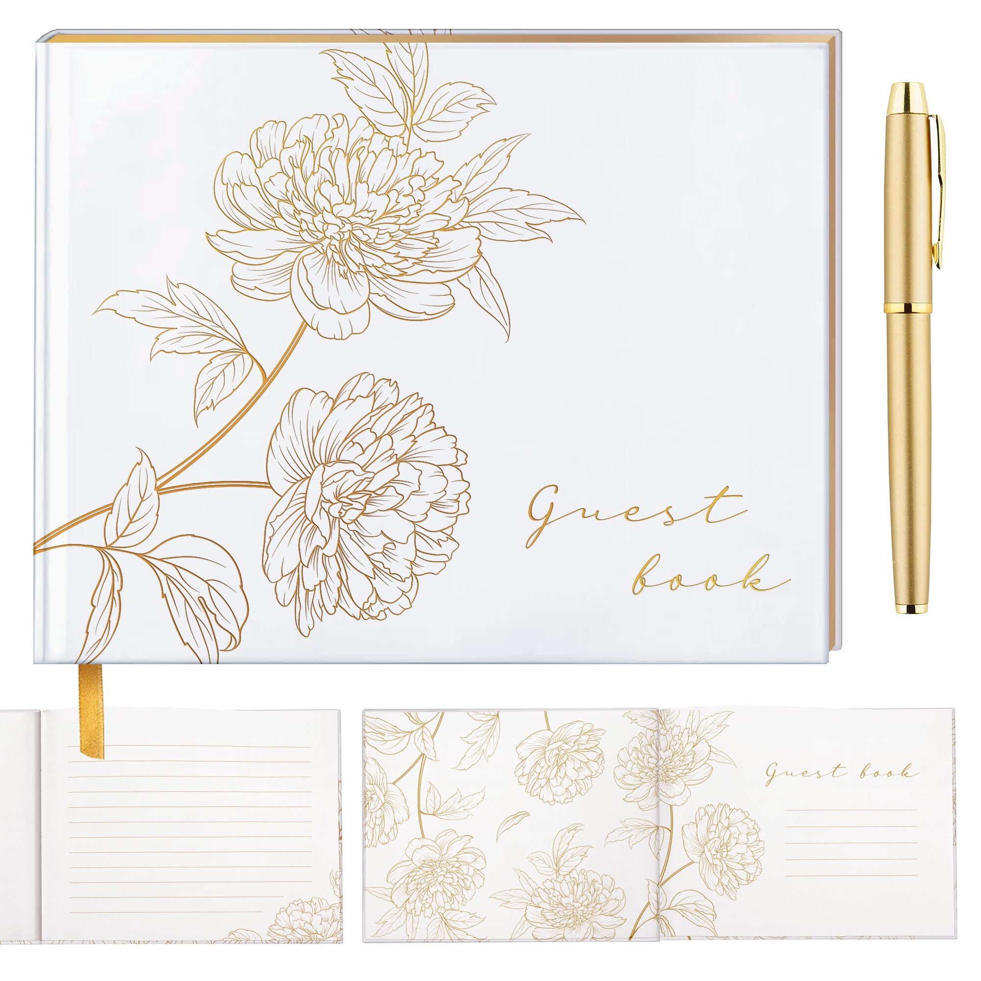 Elegant Gold Stamped Floral Wedding Guest Book with Pen - Perfect for Wedding Reception, Bridal Shower & Anniversary Celebrations