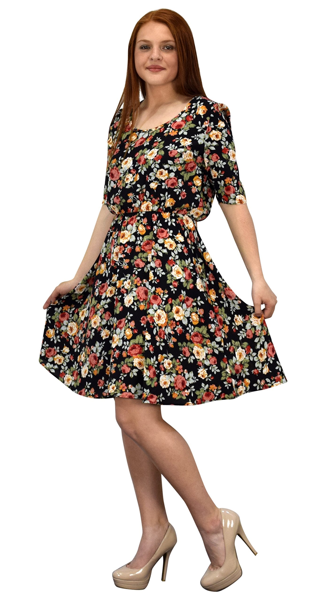 Women's Half Sleeve Rose Floral Print Princess Seam Skater Dress - Elegant A-Line Party Dress for Casual Outings, Date Nights & Special Occasions