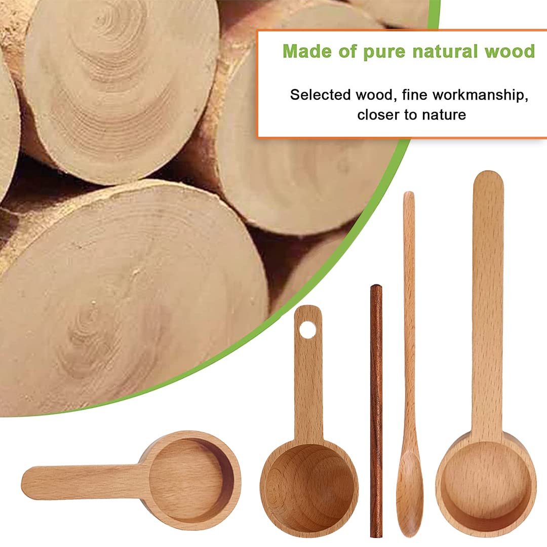Premium Wooden Coffee Scoop Set of 5 - Measuring Spoons for Ground Coffee, Beans, Sugar, Spices & Tea | Perfect for Coffee Shops, Home Brewing & Kitchen Organization