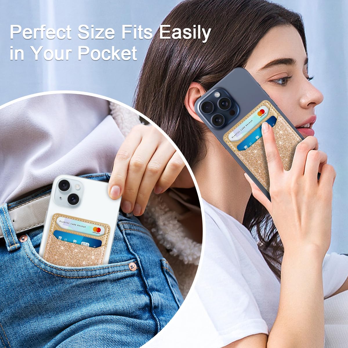 Self Adhesive Card Holder for Phone Back - Leather RFID Blocking Phone Wallet with Sticky Back - Credit Card Sleeve for Phone Case (Glitter Gold) - Perfect for Contactless Payments, ID Storage & Everyday Convenience