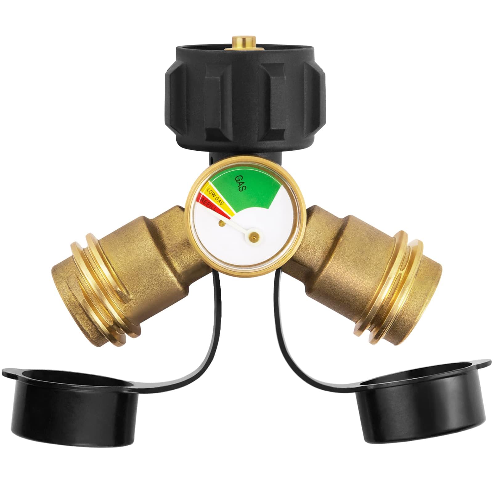 GASPRO 2-Way Propane Splitter & Gauge for 5-20LB Tanks - Compatible with Heaters, Stoves, Grills - Perfect for Camping, RV Trips & Outdoor Cooking