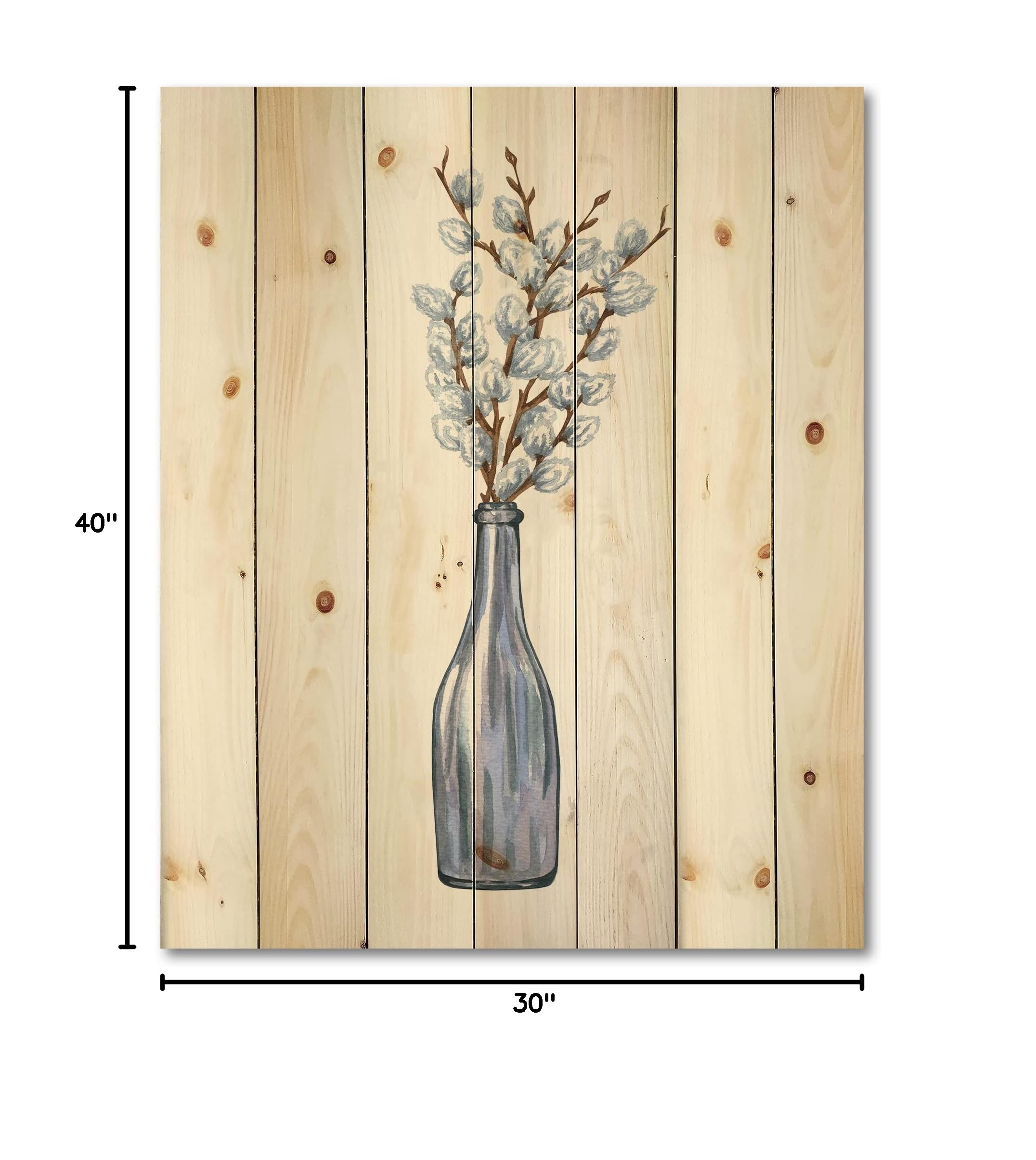 Farmhouse Wood Wall Decor - Blue Pussy Willow Twigs Wall Art, Large Floral Wood Panels Printed on Natural Pine | Rustic Home Decor for Living Room, Bedroom & Office