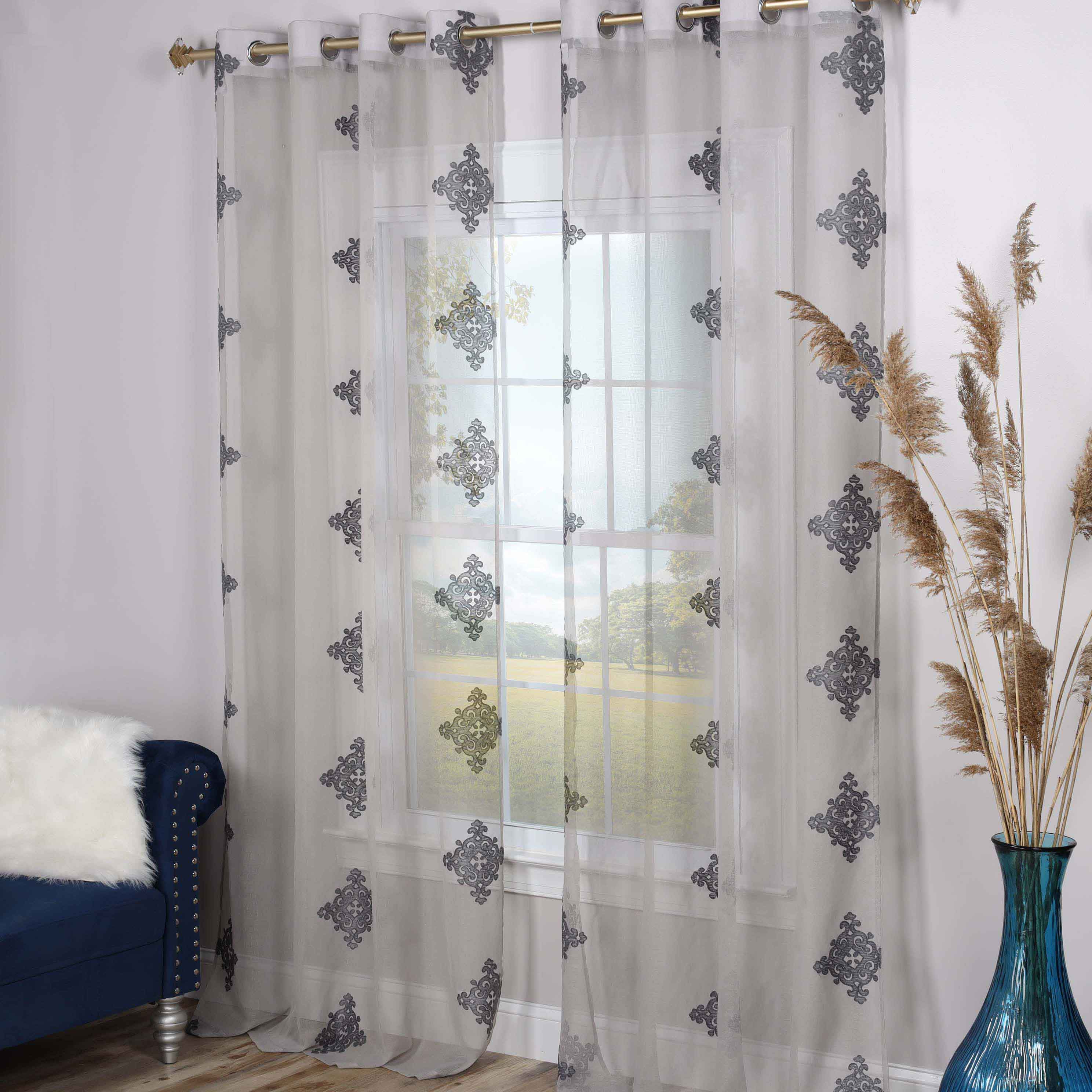 Embroidered Damask Sheer Grommet Curtain Panel Set - Elegant Window Treatment for Living Room, Bedroom & Dining Room - Light Filtering & Privacy Sheer Drapes