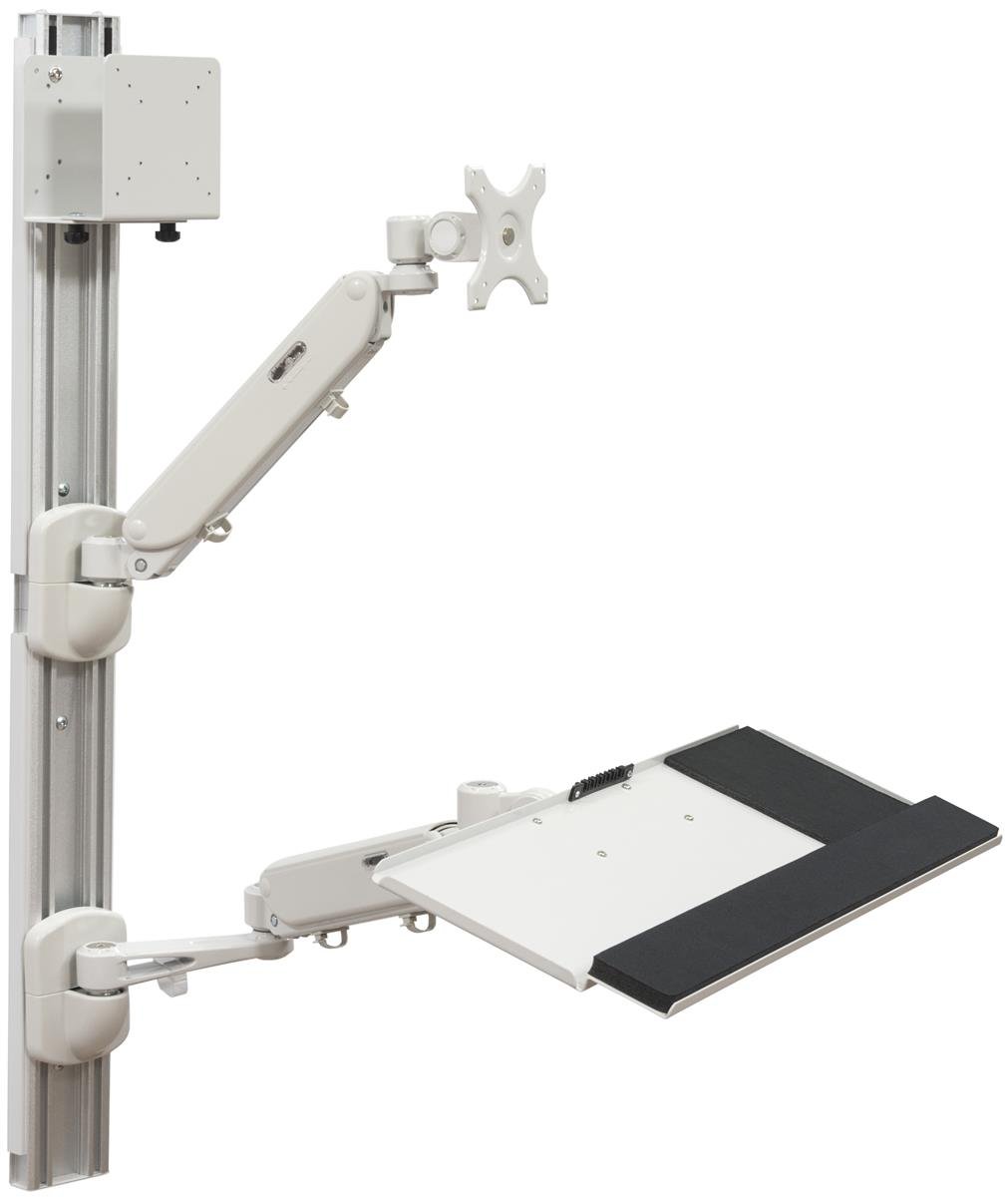 Wall Mounted Computer Station with Adjustable Arms - Monitor Mount & CPU Holder for Office & Home Workspaces (DWSSW01WT) - Perfect for Ergonomic Desk Setups and Space-Saving Solutions