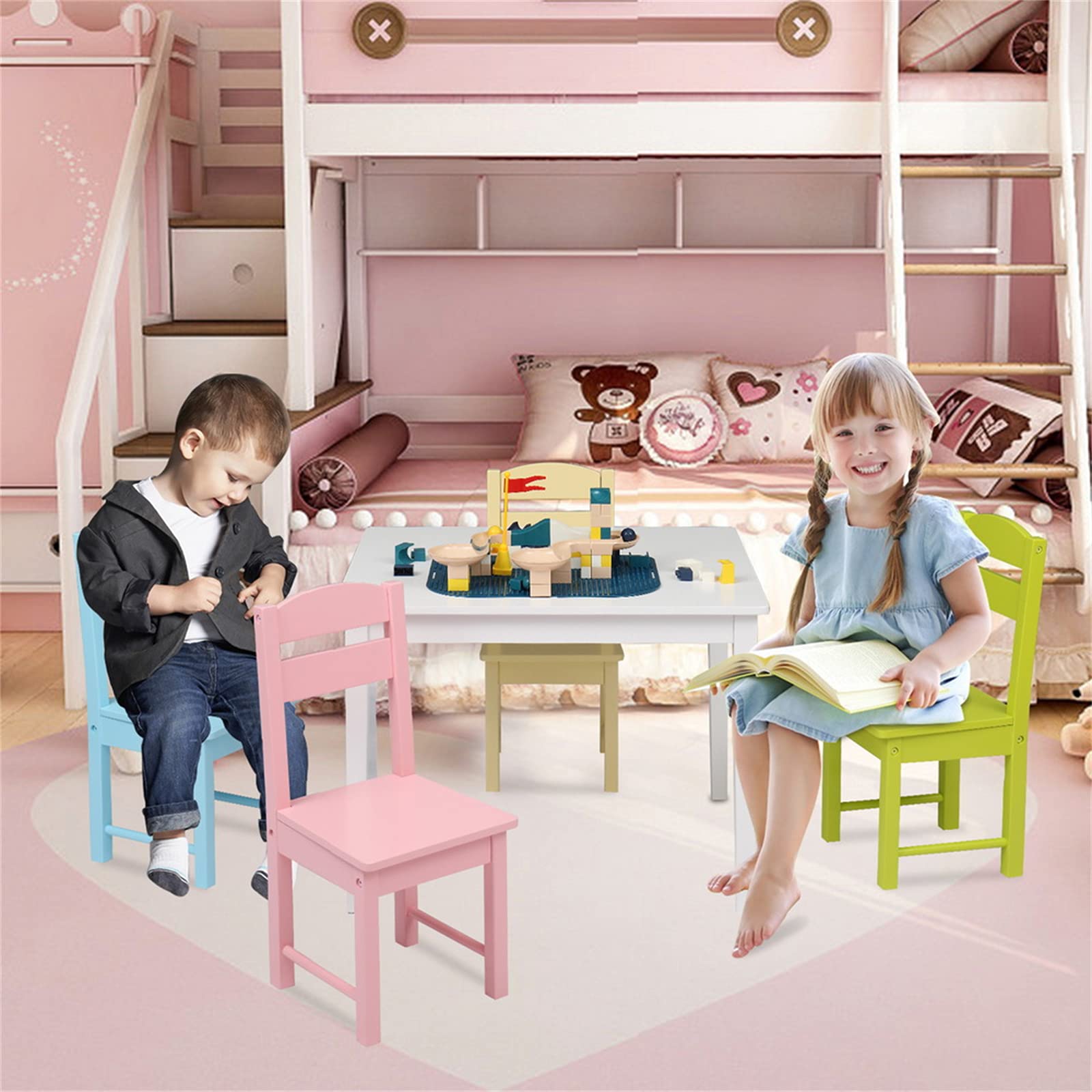 HomVent Kids Table and Chair Set - Wooden Toddler Play Craft Art Dining Table with 2 Chairs for Preschool Children (66 x 56 x 49cm, Colorful) - Perfect for Eating, Reading, Playing, Picnics & Learning Activities