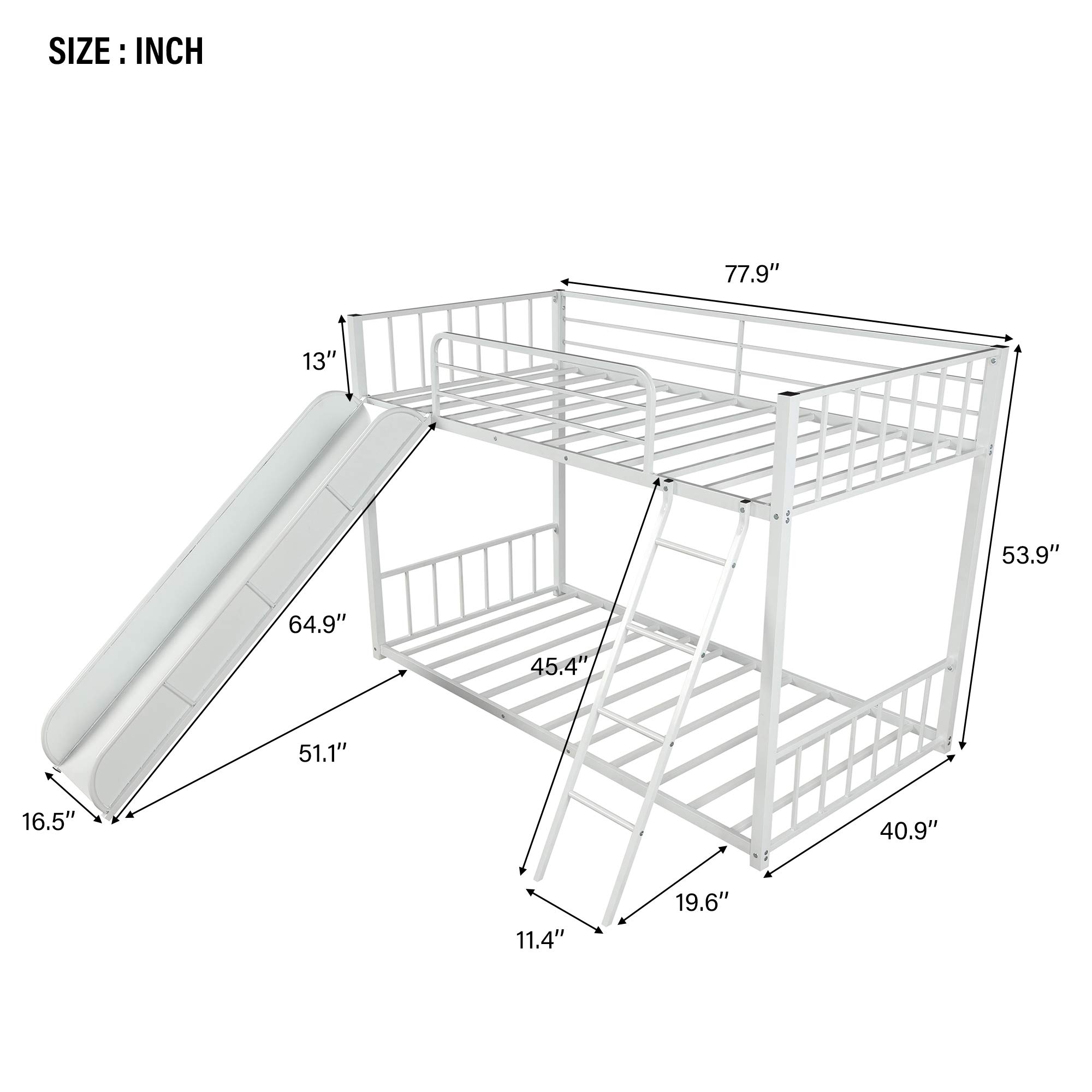 KLMM Heavy Duty Metal Bunk Bed with Slide & Safety Guard Rails - Twin Size Kids/Teens Bed Frame with Inclined Ladder - Perfect for Small Bedrooms, Shared Kids Rooms & Sleepovers