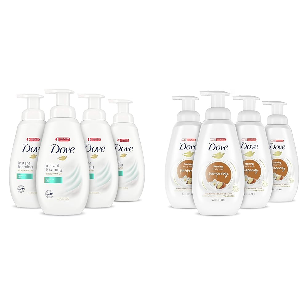 Dove Foaming Body Wash for Sensitive Skin - Shea Butter & Vanilla (Pack of 4) for Soft, Smooth Skin at Home