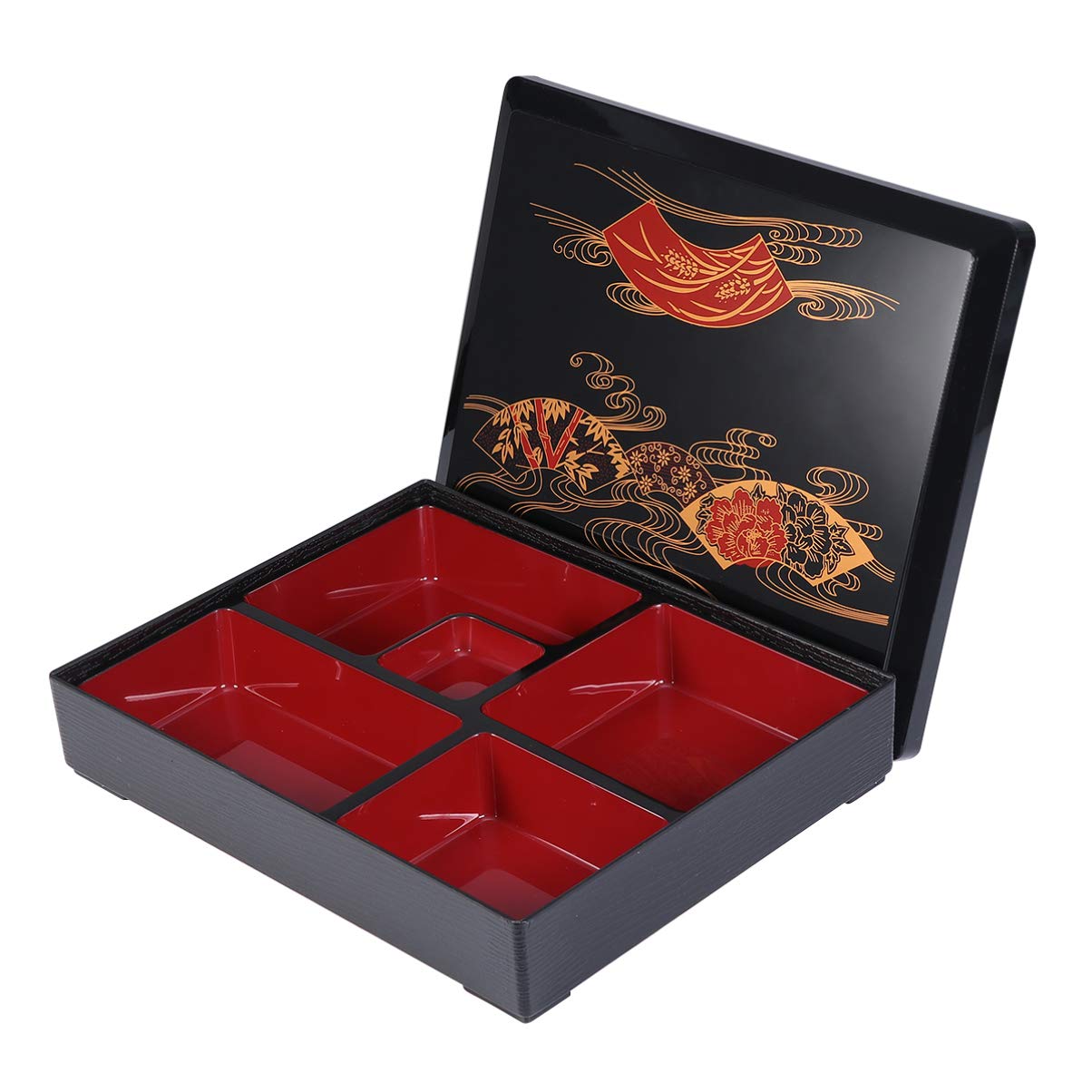 FRCOLOR Japanese Sushi Tray - 5 Compartment Bento Box with Wood Grain Cover | Reusable Plastic Lunch Box for Office, School & Picnic | Eco-Friendly Food Container for Meal Prep & On-the-Go Dining