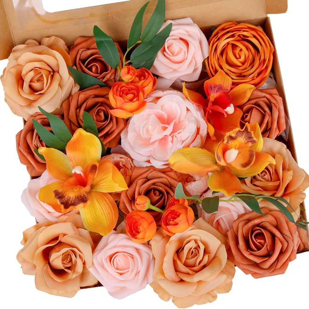 Yannew Burnt Orange Artificial Roses Combo Box - 24pcs Real Touch Silk Flowers for DIY Fall Wedding Bouquets, Boho Home Decor, Table Centerpieces & Seasonal Arrangements