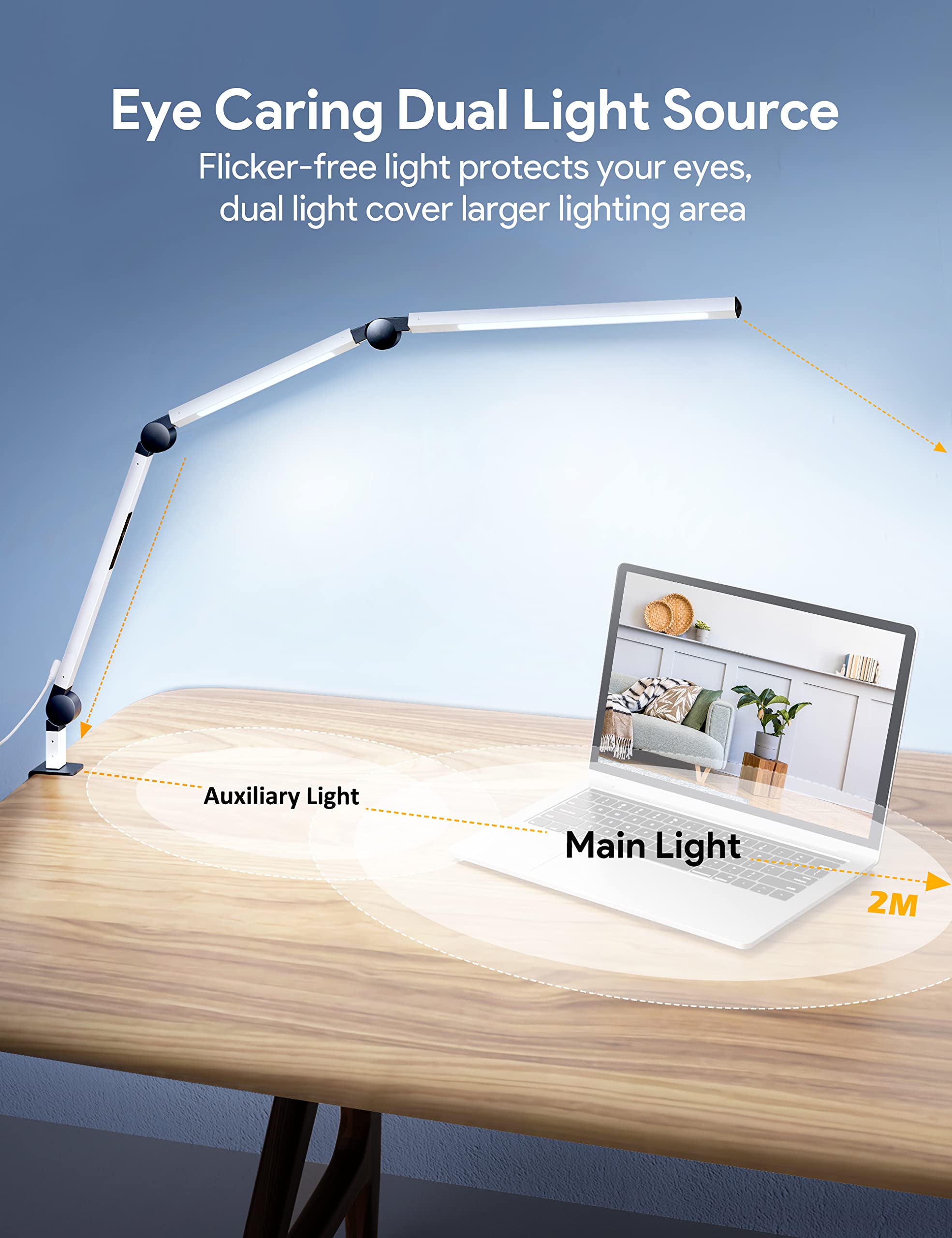 MediAcous LED Desk Lamp with Clamp - Adjustable Swing Arm, 4 Color Modes & 4 Brightness Levels, Dimmable Eye-Caring Light with Memory Function - Perfect for Home Office, Study, Reading & Crafting (White)