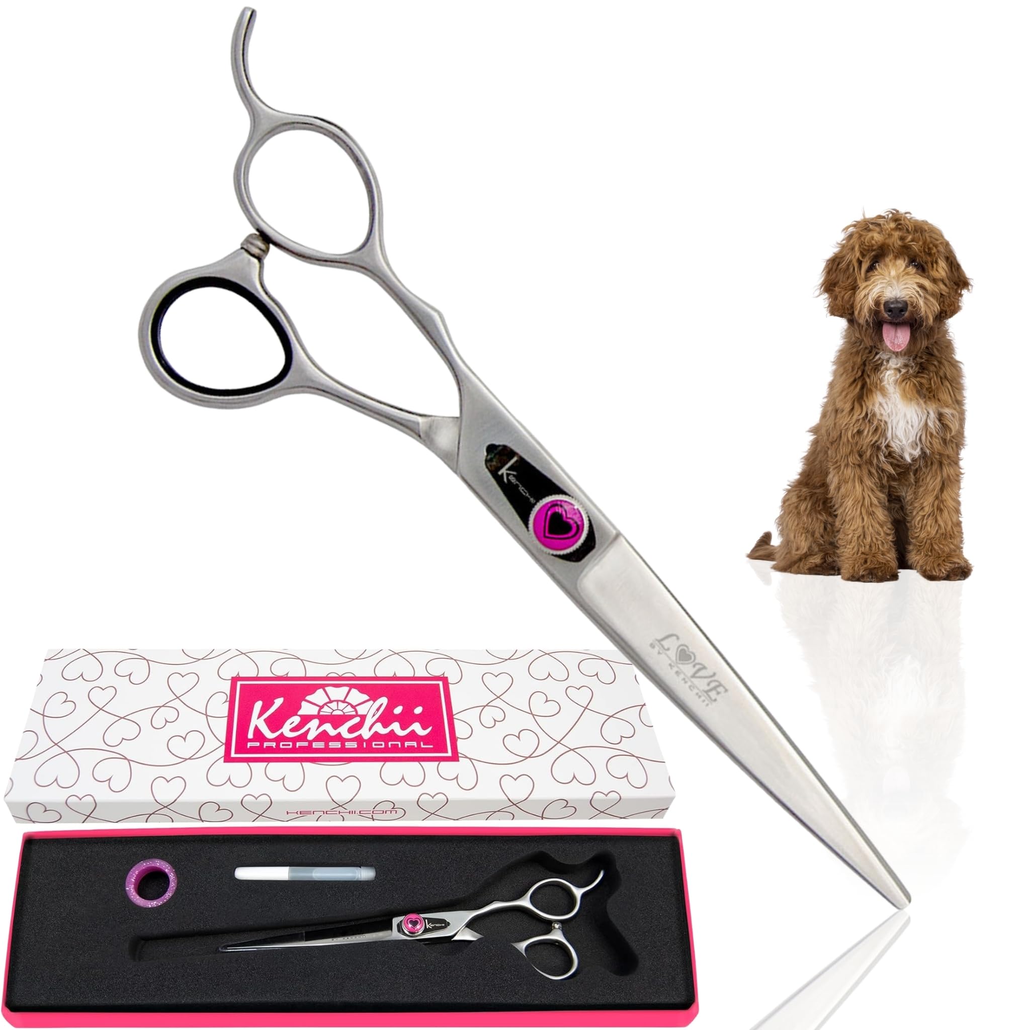 Kenchii Left Handed Dog Grooming Scissors - 7 Inch Professional Straight Shears for Pet Hair Trimming | Premium Pet Grooming Accessories | Perfect for Professional Stylists & Home Use | Love Collection