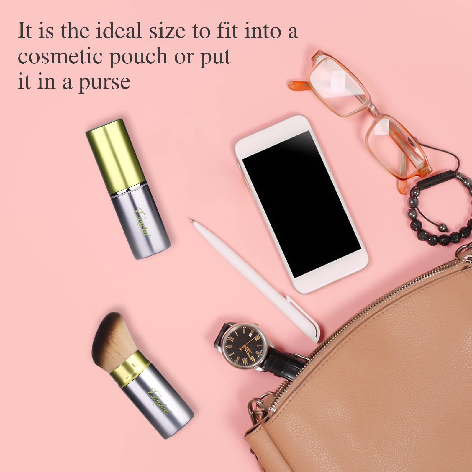 Retractable Kabuki Makeup Brush Set - 2 Pcs Flat & Angled Top Blush & Powder Brushes for Liquid, Cream & Cosmetics - Travel Friendly Makeup Tools (Silver Green) - Perfect for On-the-Go Touch Ups & Professional Makeup Application