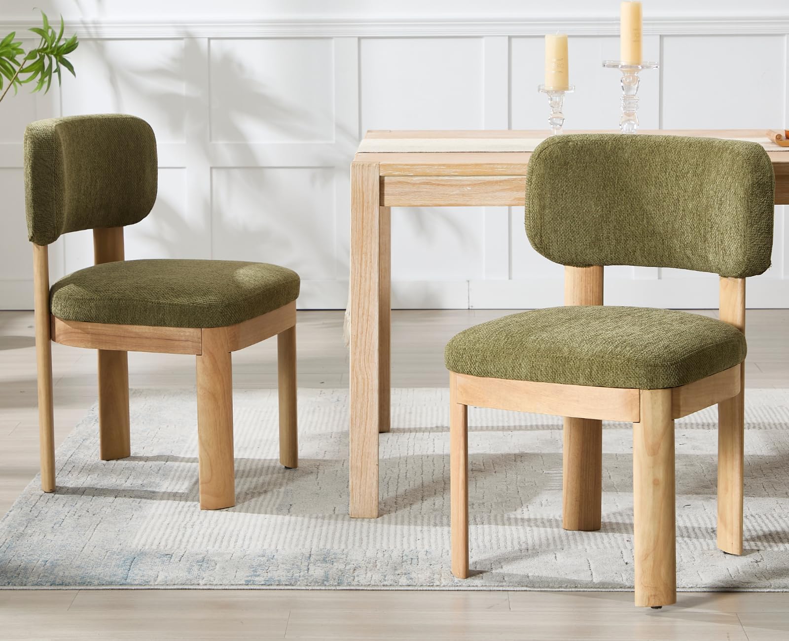 Mid Century Modern Dining Chairs Set of 2 - Green Upholstered Wooden Farmhouse Kitchen Chairs, Armless Accent Side Chairs for Dining Room & Living Room with Soft Chenille Fabric - Perfect for Home Decor & Entertaining