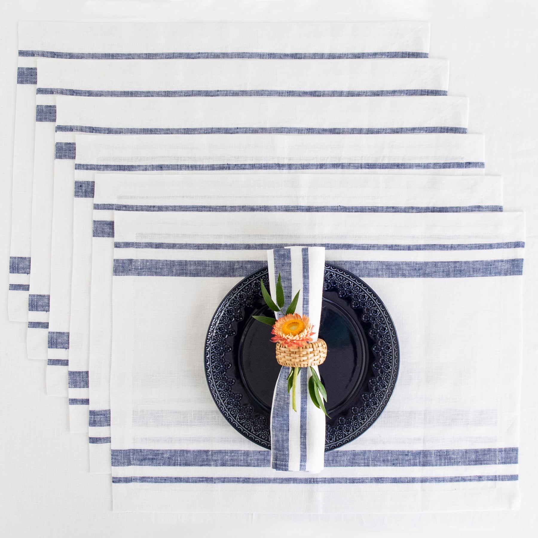 French Striped Placemats Set of 6 - Elegant Cotton Table Mats for Dining Room Decor - Perfect for Dinner Parties, Kitchen Tables & Home Decor