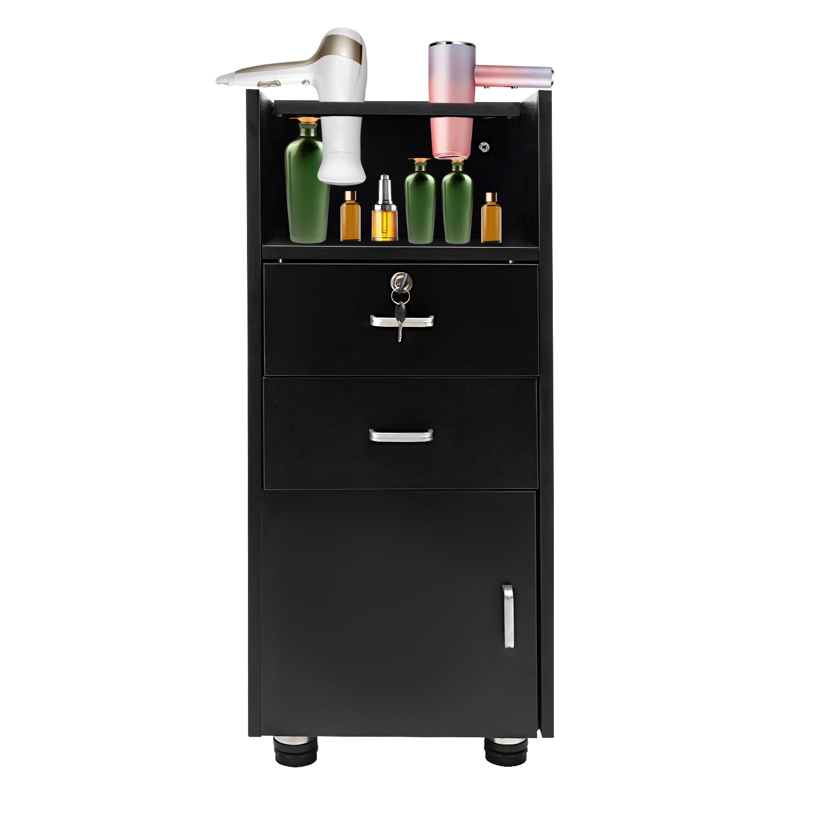 5-Tier Barber Station Storage Cabinet with 2 Drawers & Hair Dryer Holders - Professional Salon Hair Stylist Utility Organizer for Tools & Accessories - Perfect for Home & Commercial Barber Shops, Black