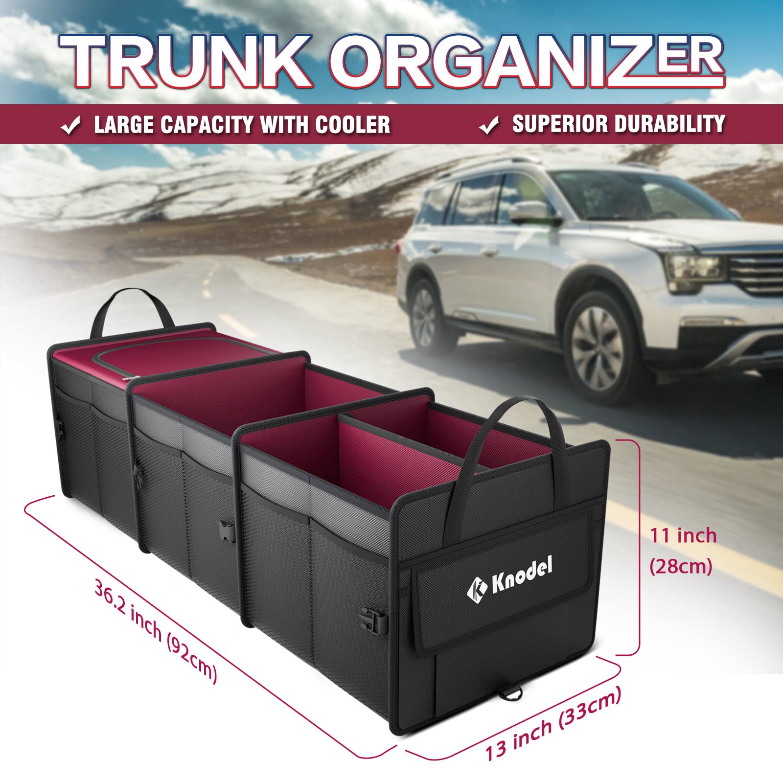Premium Insulated Car Trunk Organizer with Cooler Bag - Heavy Duty Collapsible Storage for SUV, Truck & Van - 3 Compartment Auto Organizer (Red) - Perfect for Road Trips, Grocery Shopping & Camping Gear Storage