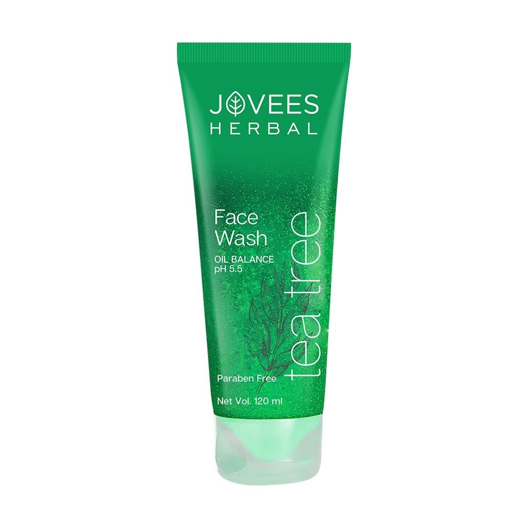 Jovees Herbal Tea Tree Oil Control Face Wash for Oily & Sensitive Skin | Paraben & Alcohol-Free, Oil Control, Acne Prevention, Exfoliating Cleanser | Gentle Daily Facial Cleanser for All Skin Types - 120ml | Perfect for Morning & Night Skincare Routine