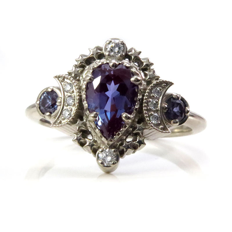 Pear Cosmos Moon Ring with Chatham Alexandrite & Diamonds - Star Engagement Ring for Women, Wedding, Anniversary & Proposal - Unique Celestial Jewelry Gift for Her