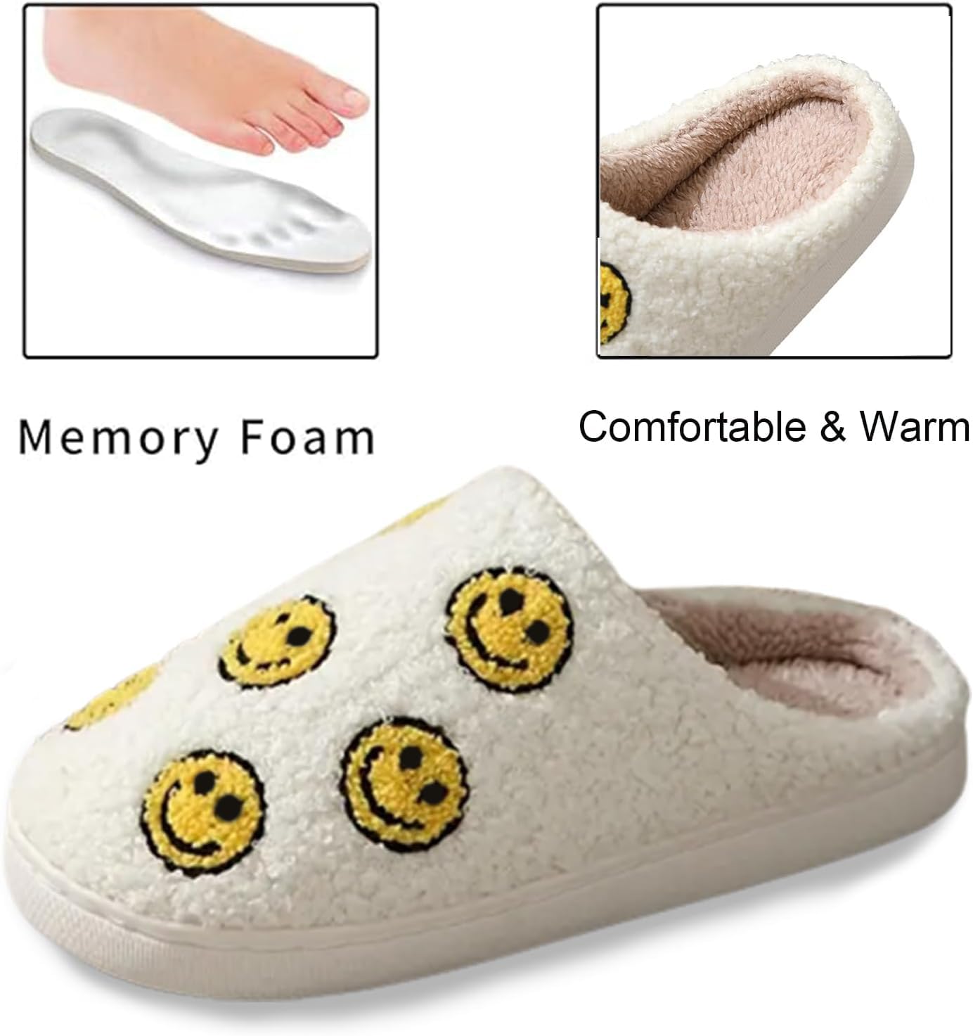 Retro Smiley Face Slippers for Women & Men - Memory Foam Plush House Slippers - Warm Indoor Slip-On Shoes for Home, Dorm & Lounge Comfort