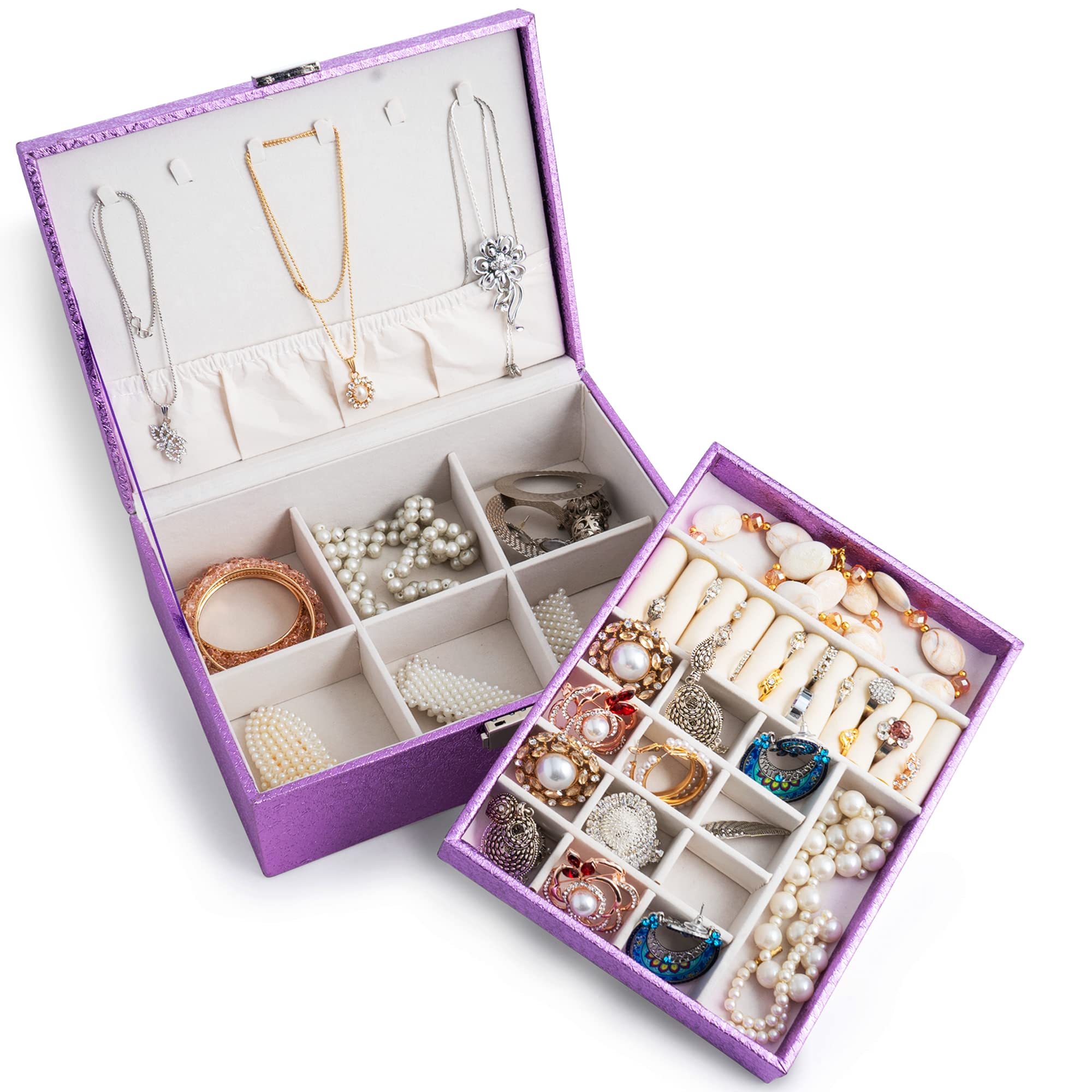 Hivory Jewelry Organizer Box for Women & Girls - Double Layer Stackable Jewelry Storage with Trays for Rings, Earrings, Bracelets, Necklaces & Studs - Perfect for Bedroom, Travel & Gift (Purple)