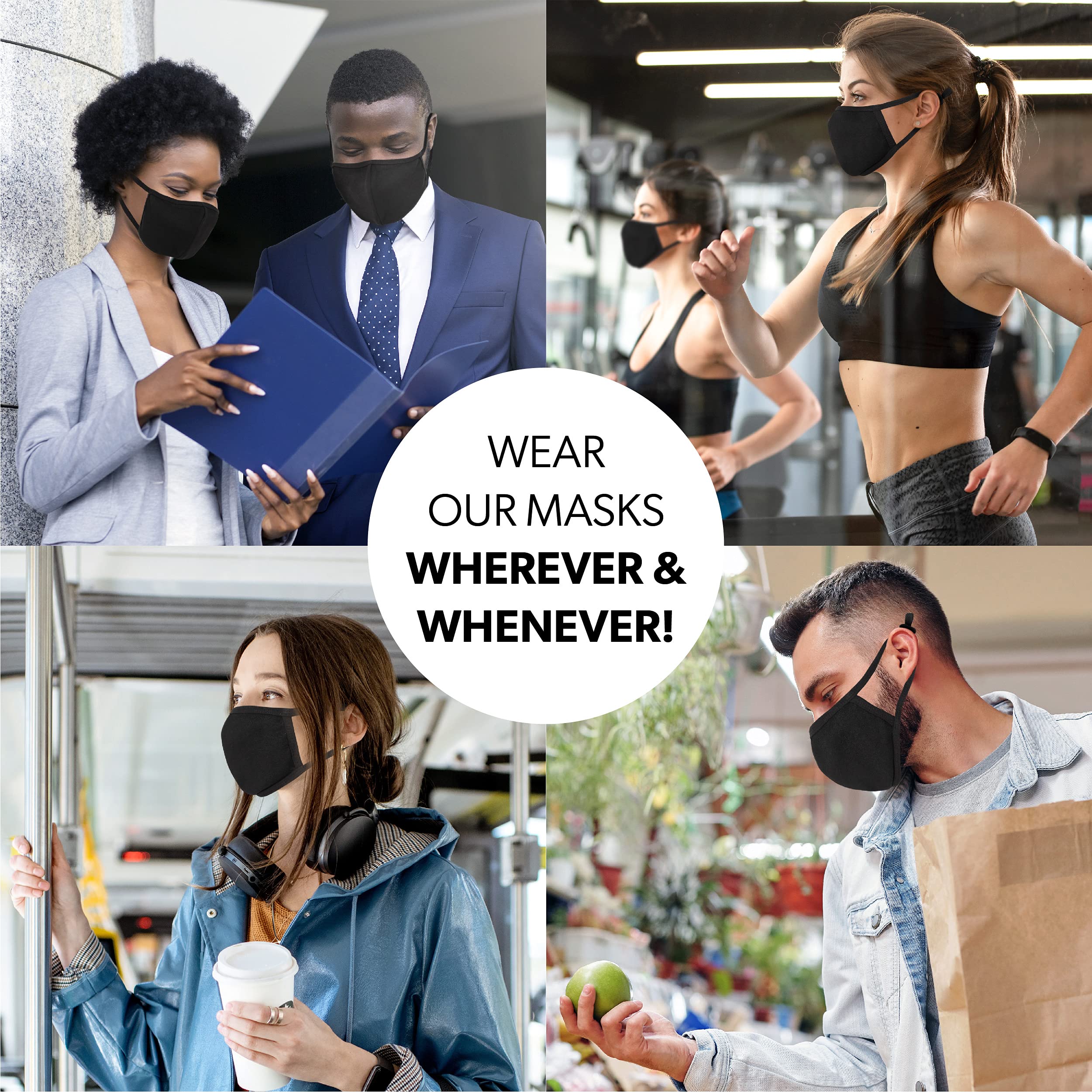 Organic Black Bamboo Face Mask 3-Pack - 100% Cotton Reusable & Washable with Nose Wire & Adjustable Lanyard - Breathable Fashion Mask for Daily Use, Travel & Outdoor Activities (Medium)