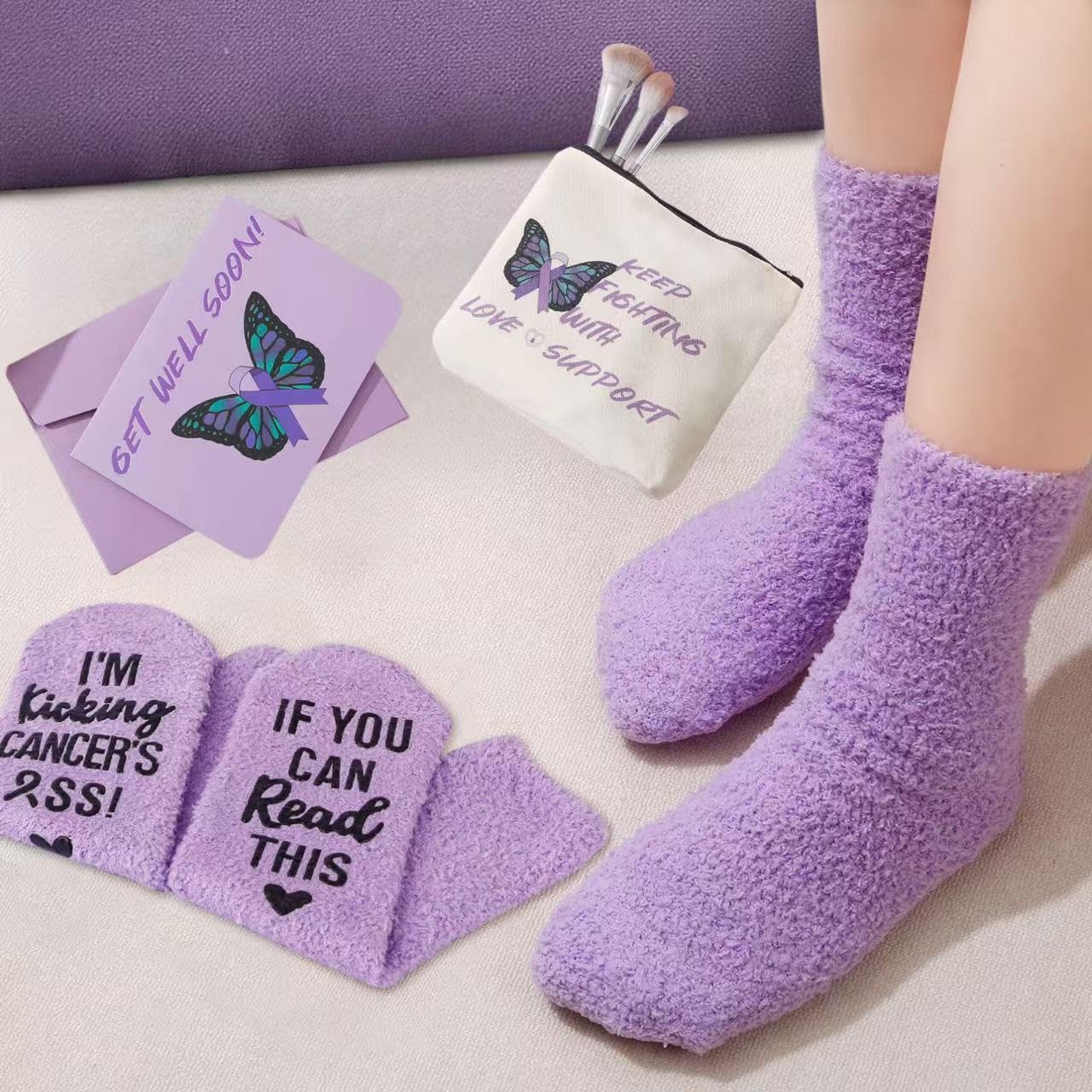 **Ursa Major Cancer Care Gift Set for Women - 3PCS Chemo Comfort Package with Socks, Get Well Soon Card & Tote Bag - Thoughtful Breast Cancer Support Gifts (Purple) - Perfect for Hospital Visits, Recovery & Encouragement**